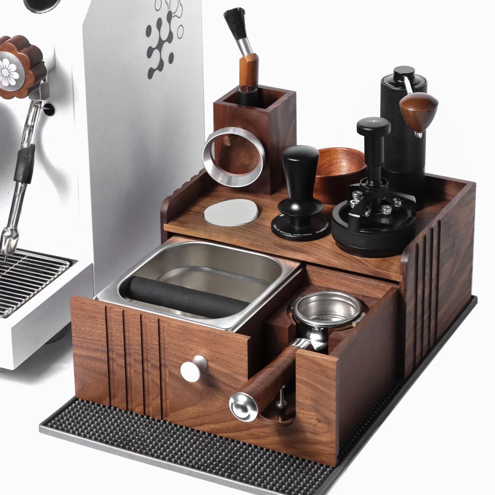 Stacja do ubijania espresso, drewniana pukanka, ze zdejmowaną szufladą, uniwersalny uchwyt portafiltra 58 mm, do przechowywania dystrybutora tampera, organizer do baru kawowego