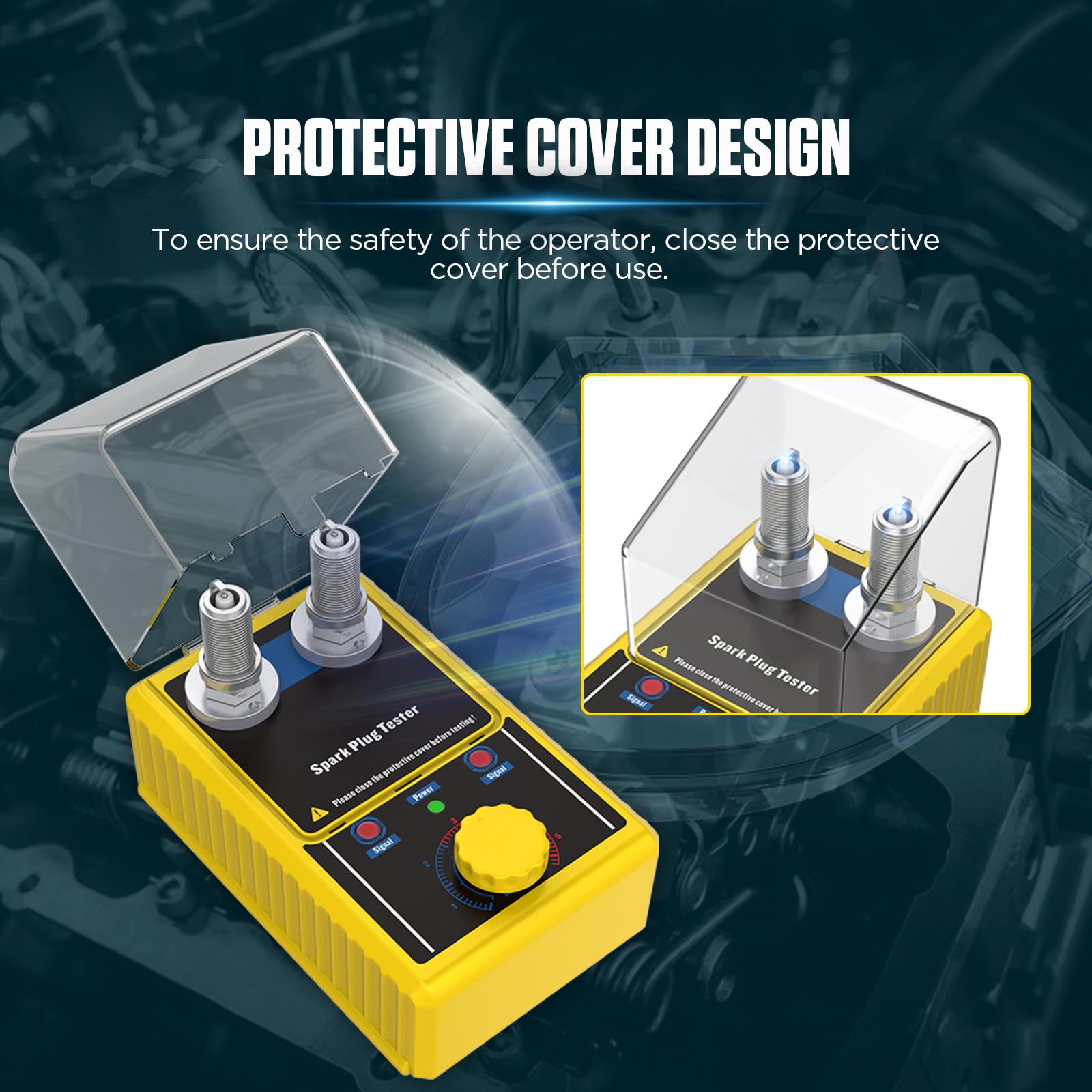 Tester per Candele Automobilistiche a Doppio Foro, BELEY Strumento Tester per Bobine di Accensione a Frequenza Regolabile 0-6000 giri/minuto & Coperchio Protettivo, per Auto e Moto a 12 V (Giallo)