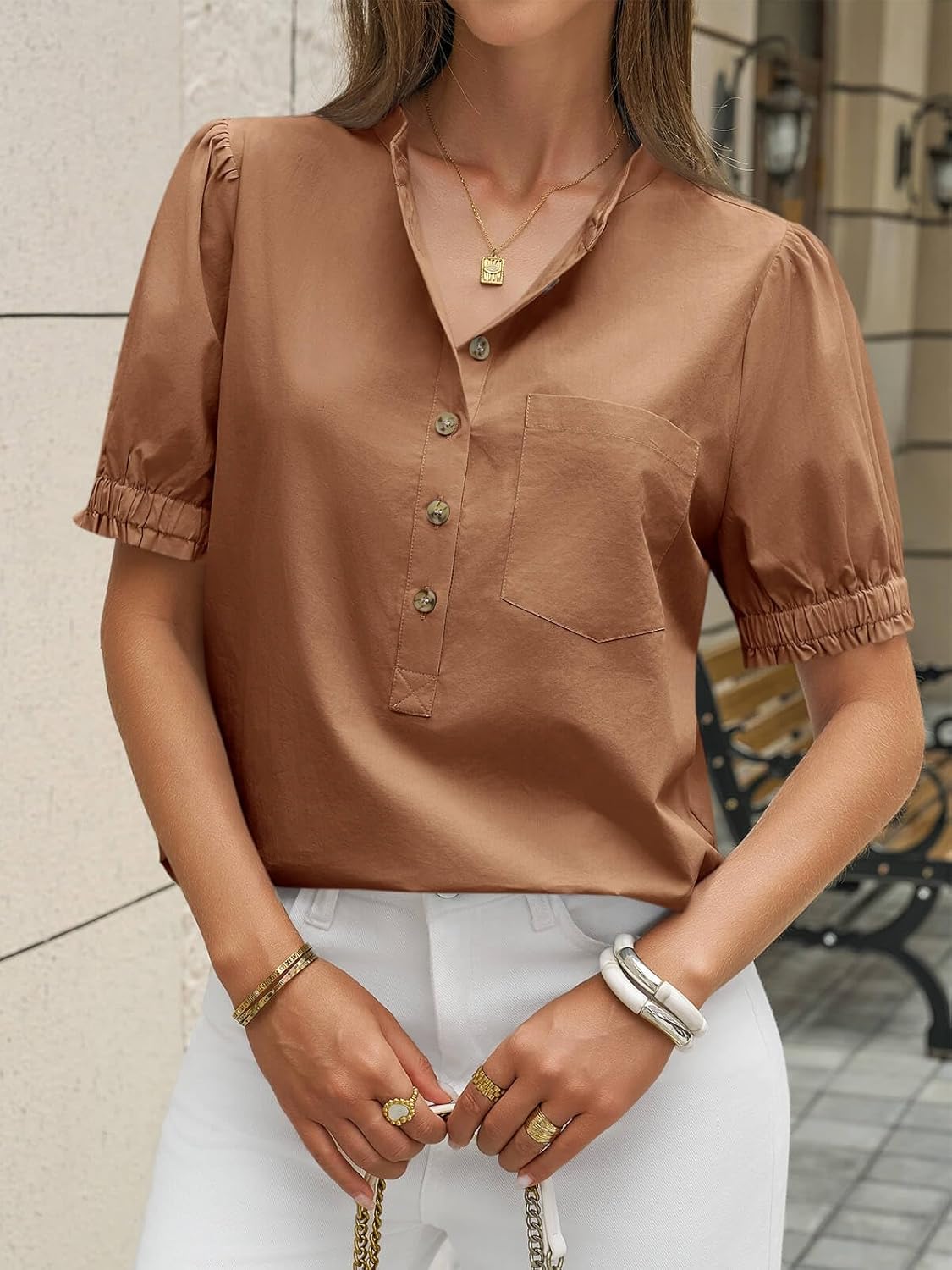 Cicy Bell Womens Puff Short Sleeve Blouses Summer Casual Half Button Down Collared Shirts Cotton Loose Fit Work Tops - Image 3