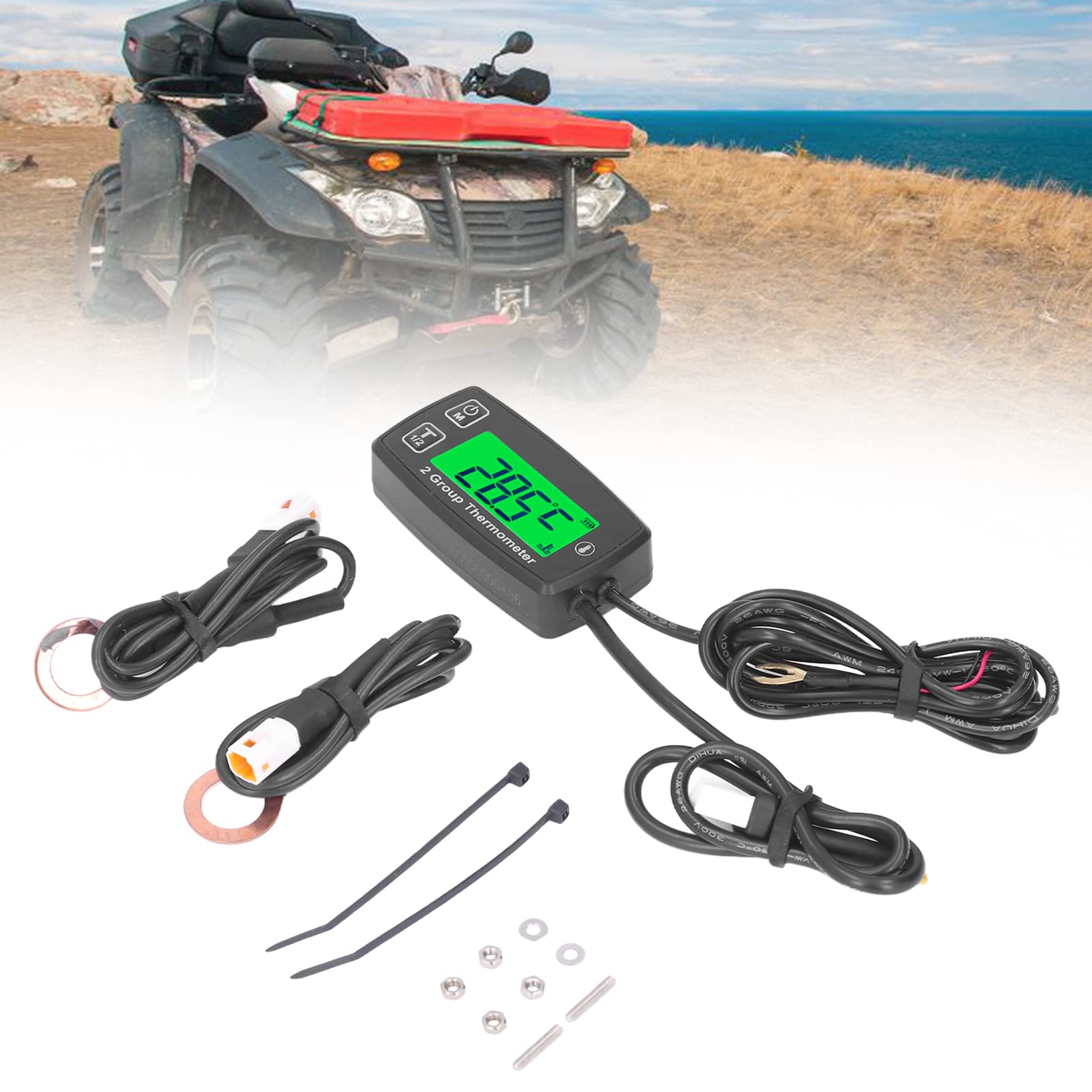 Indicatore Temperatura Motore, Termometro LCD a Doppio Canale Display Digitale Misuratore Temperatura Motore IP67 Termometro Retroilluminato Verde Impermeabile per Moto Barca ATV