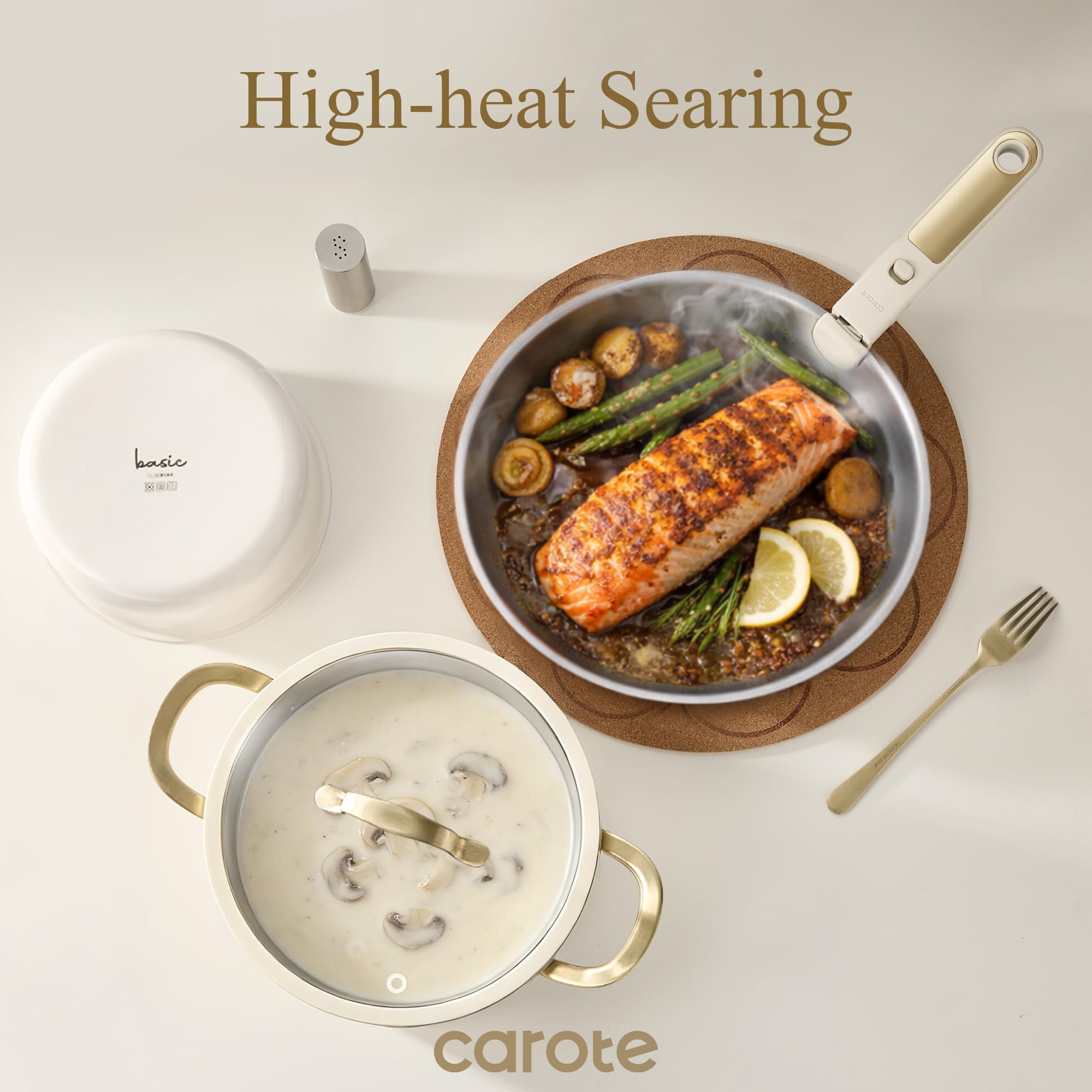 CAROTE 19pcs Stainless Steel Cookware Set with Detachable Handle, Pots and Pans Set, Induction Kitchen Cooking Sets, RV/Camping Cookware, Outer Ceramic Layer, Oven Safe, with Utensil, Cream White