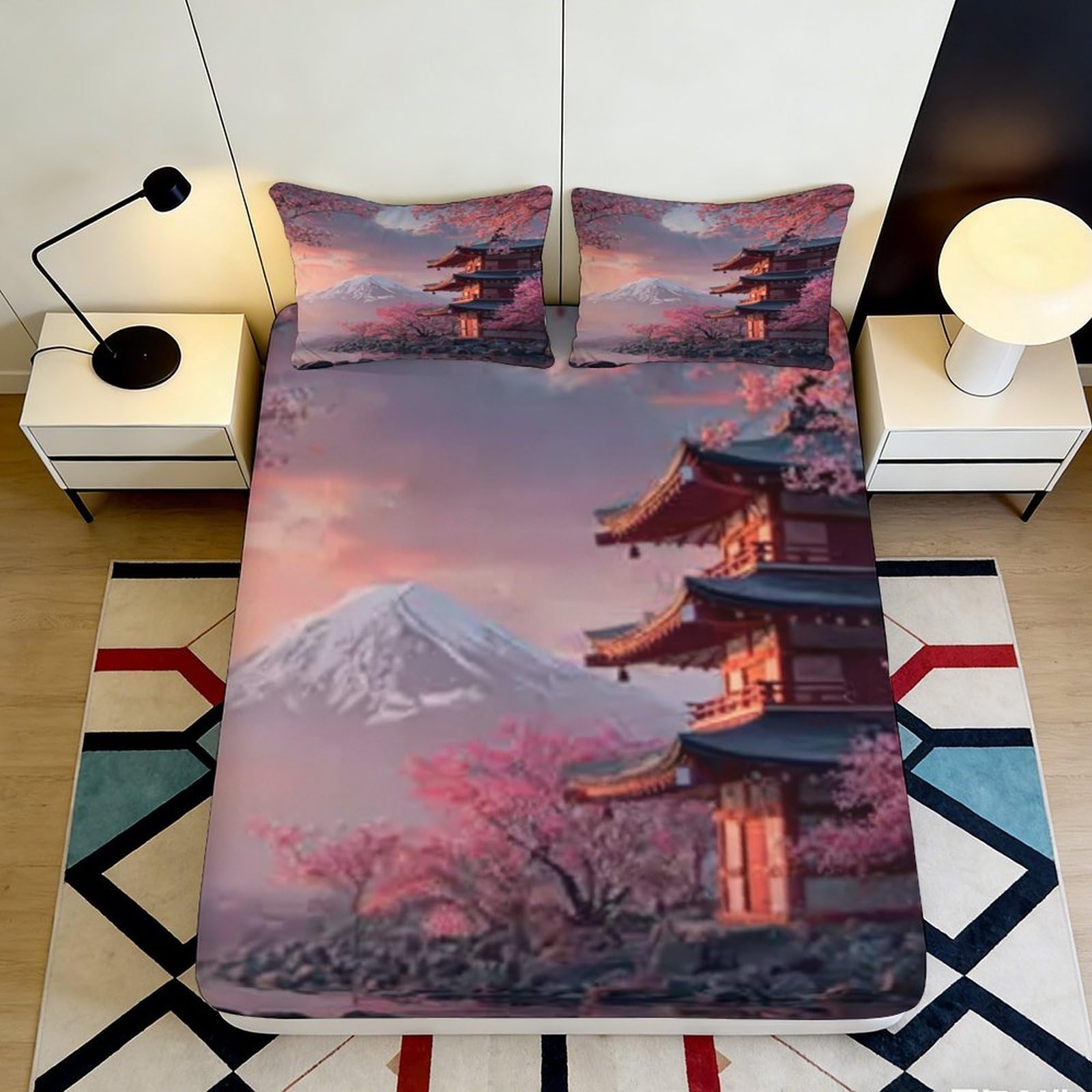 3D Printed Fuji Sakura Fitted Sheet Microfiber Soft Pagoda Mountain Mattress Cover for Bedroom Dorm Decor Dustproof Washable 90x200x25cm