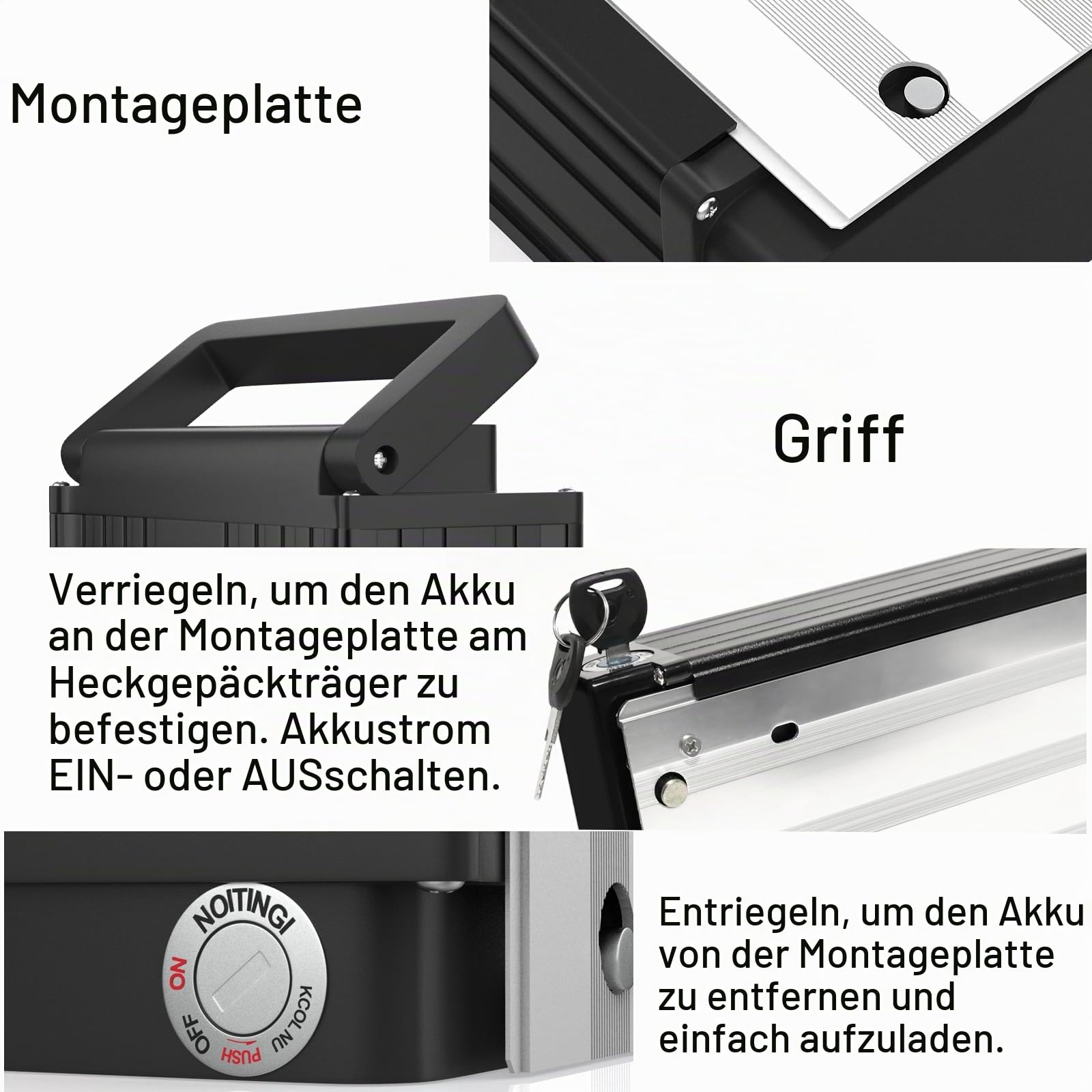 48V 15Ah E-Bike-Akku für Gepäckträger-Montage (ohne Gepäckträger), Elektrofahrräder Batterie Lithium-Ionen Akku