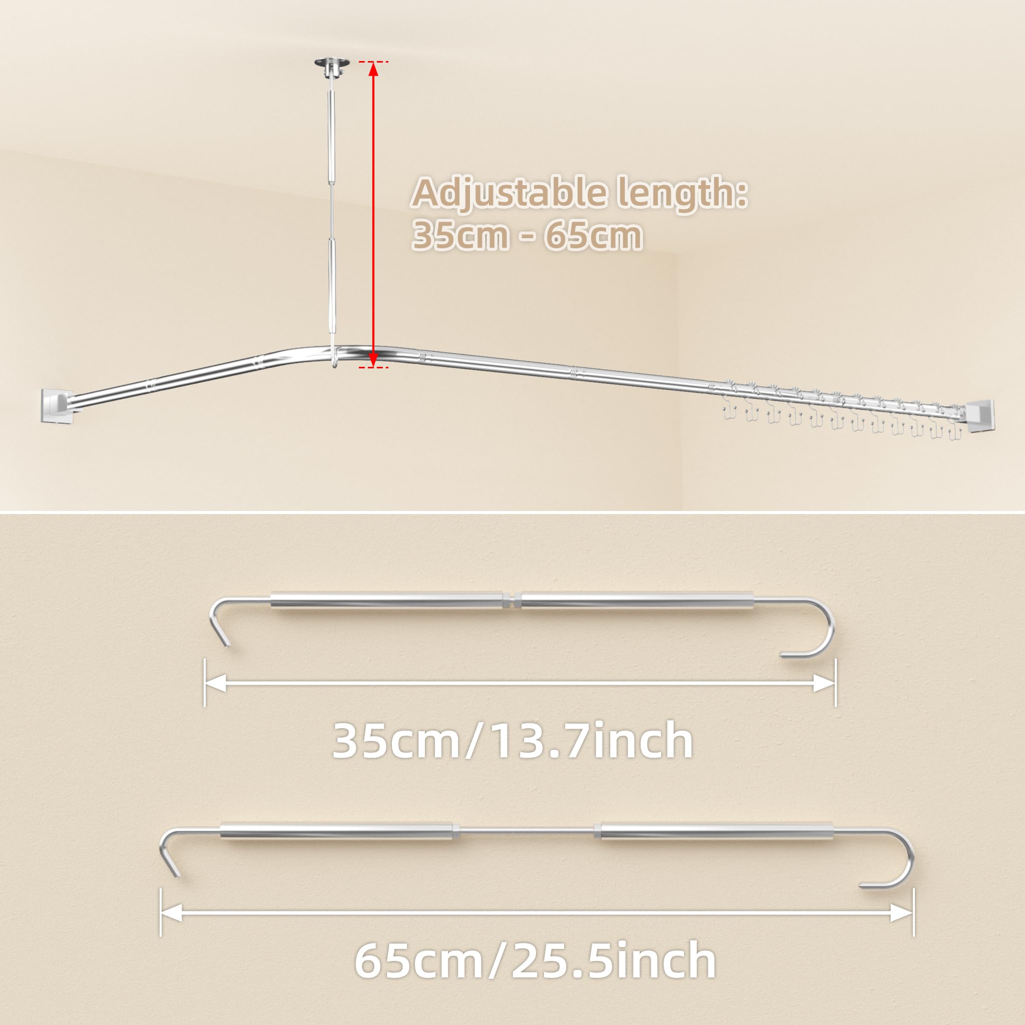 Asta per tenda da doccia a forma di L, senza foratura, staffa angolare 85 x 175 cm, asta doccia per tenda da doccia, guida per vasca da bagno, 304 in acciaio inox, con 12 anelli