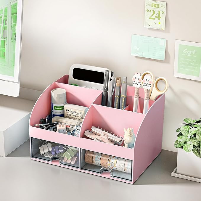 Zeinwap ABS Multifunctional Desk Organiser with 6 Compartments & 2 Drawer Desktop Office Supplies Stationery Storage Box for Pens Staplers Clips Sticky Notes Mobile Holder (Pink)