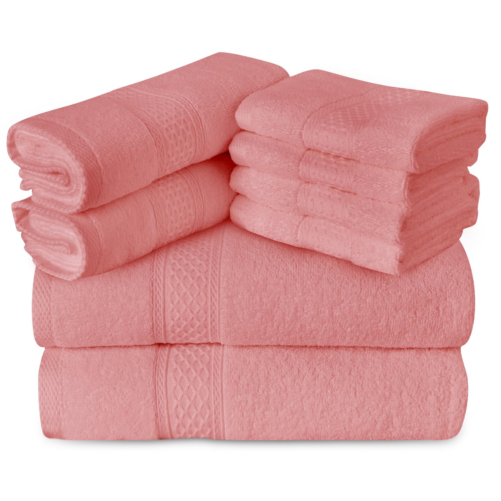 Gogreen 100% Cotton Super Soft Towels Pack of 8, Contains 2 Bath Towels 27"x55", 4 Hand Towels 14"x30" & 2 Washcloths 14"x14", Lightweight and Highly