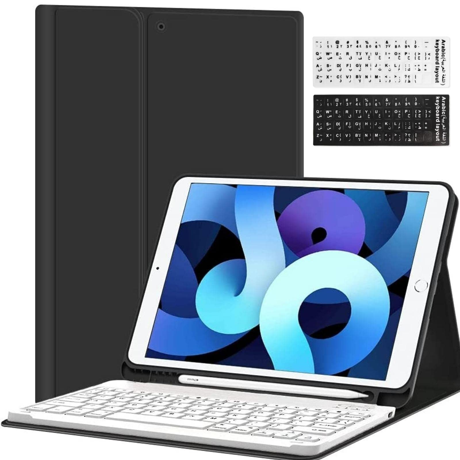 Compatible with iPad 10.2 Arabic and English Lightweight Smart Keyboard Cover, Suitable for iPad 10.2 inch 7 8 9th Deneration Keyboard Case-Black/White