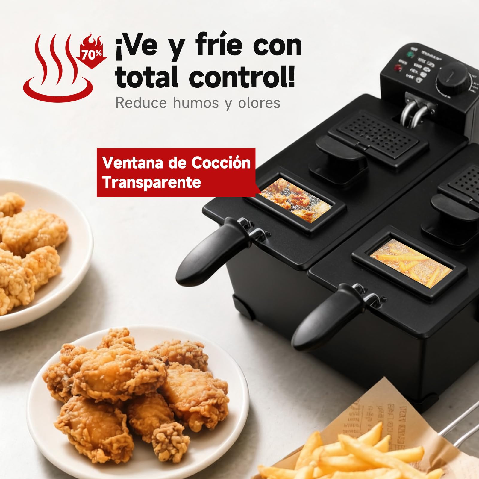 Aigostar Feast - Freidora 6L (2x3L) Acero Inoxidable, 3600W, Termostato Ajustable (90-190°C), Tapas con Ventana, Filtro de Humo, Asas Desmontables, Automático, Esmaltado, Libre de BPA