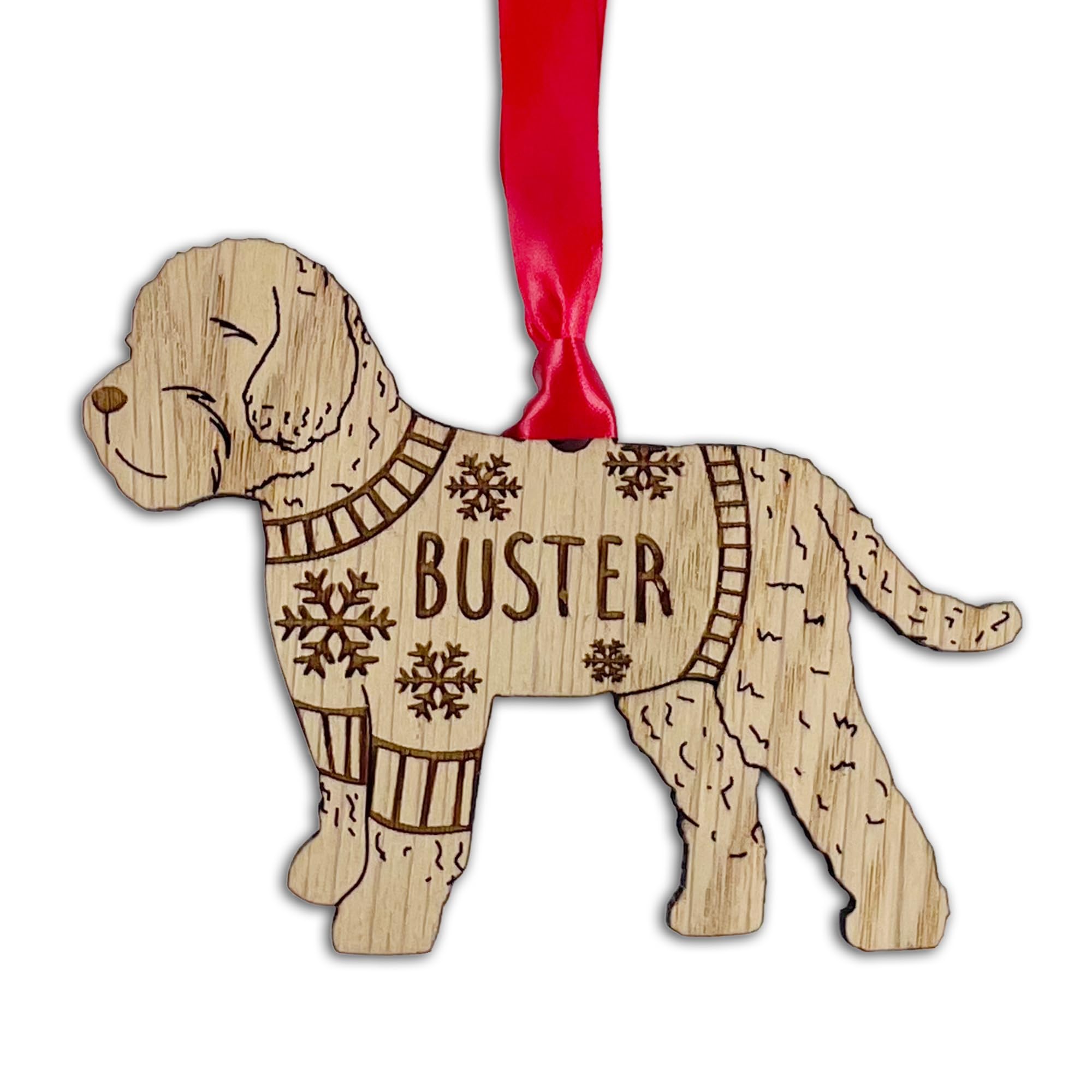Personalised Cockapoo Dog Christmas Tree Bauble, Jumper with Snowflakes Design, Oak Veneer Wood or White Wood Decoration with Red Ribbon (Oak Veneer, Decoration Only)
