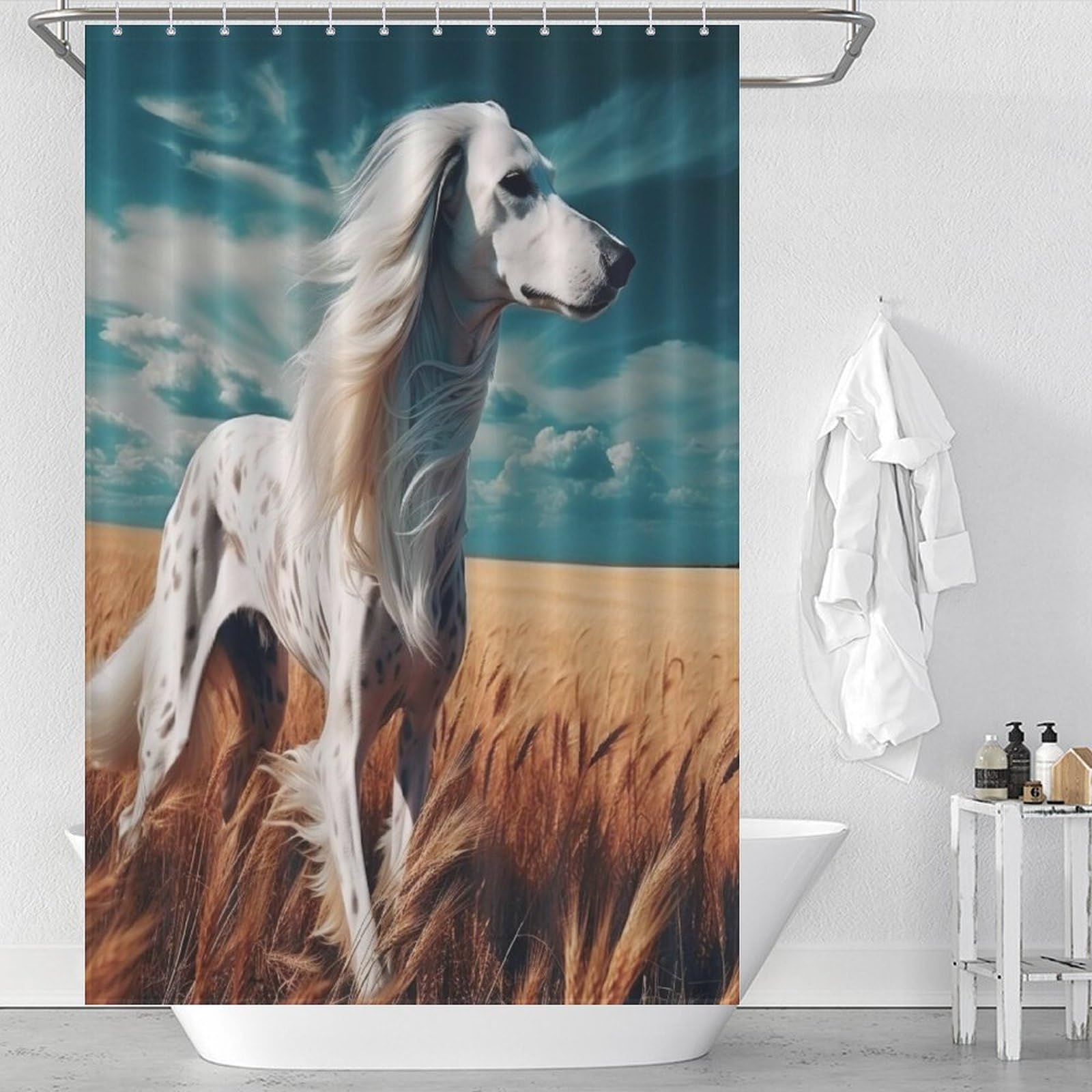 Rideau de douche chien mignon imperméable en tissu polyester lavable de 122x183cm avec crochets