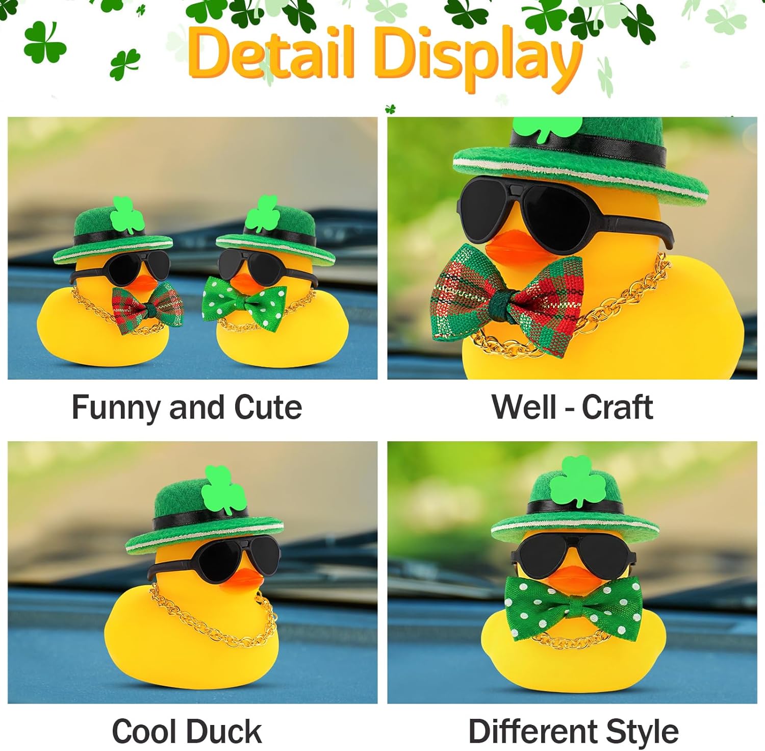 wonuu St. Patrick's Day Car Decorations Rubber Duck, Dashboard Green Shamrocks Hat Ducky for Car Ornament Accessories Ducks with Glasses, Chain (Black Band-No Bow Tie)