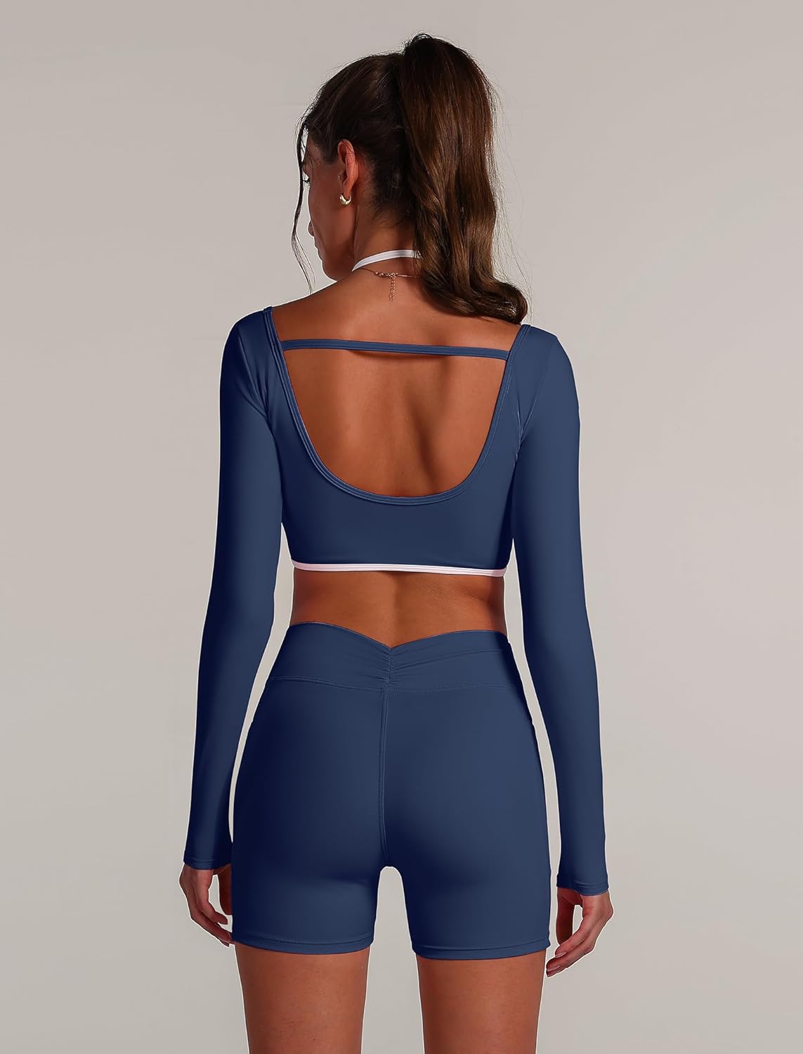 ABOCIW Workout Sets for Women Long Sleeve Layers Crop Top High Waist Biker Shorts with Pocket 2 Piece Yoga Outfits - Image 4