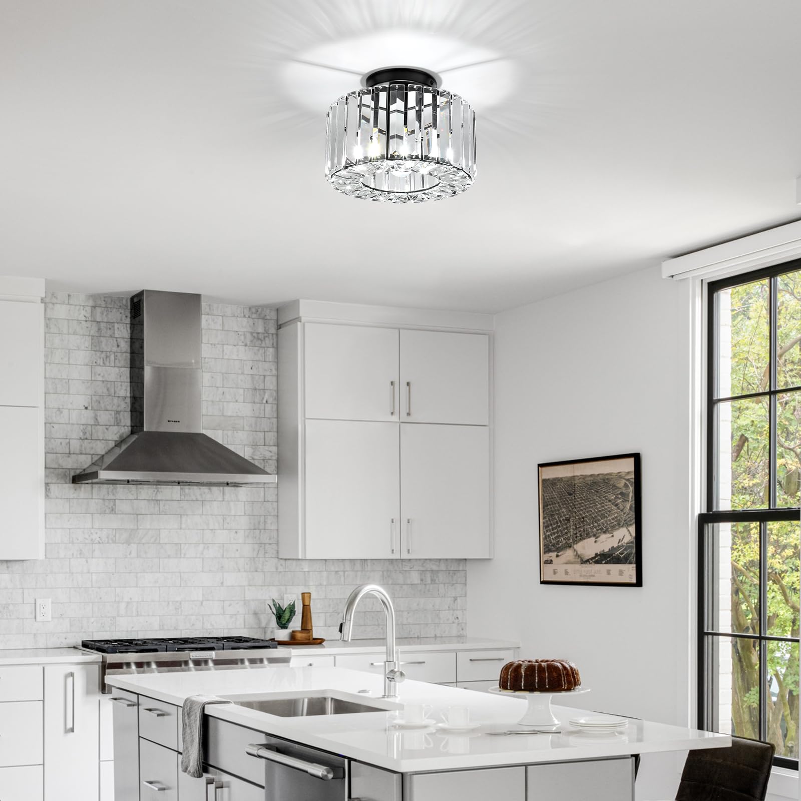 Kristall Deckenleuchte Ø245mm, Kronleuchter Schwarz mit Metall Rahmen Lampenschirm, Sockel E27 Deckenlampe, Moderne Lampe für Schlafzimmer Wohnzimmer Flur Küche Esszimmer