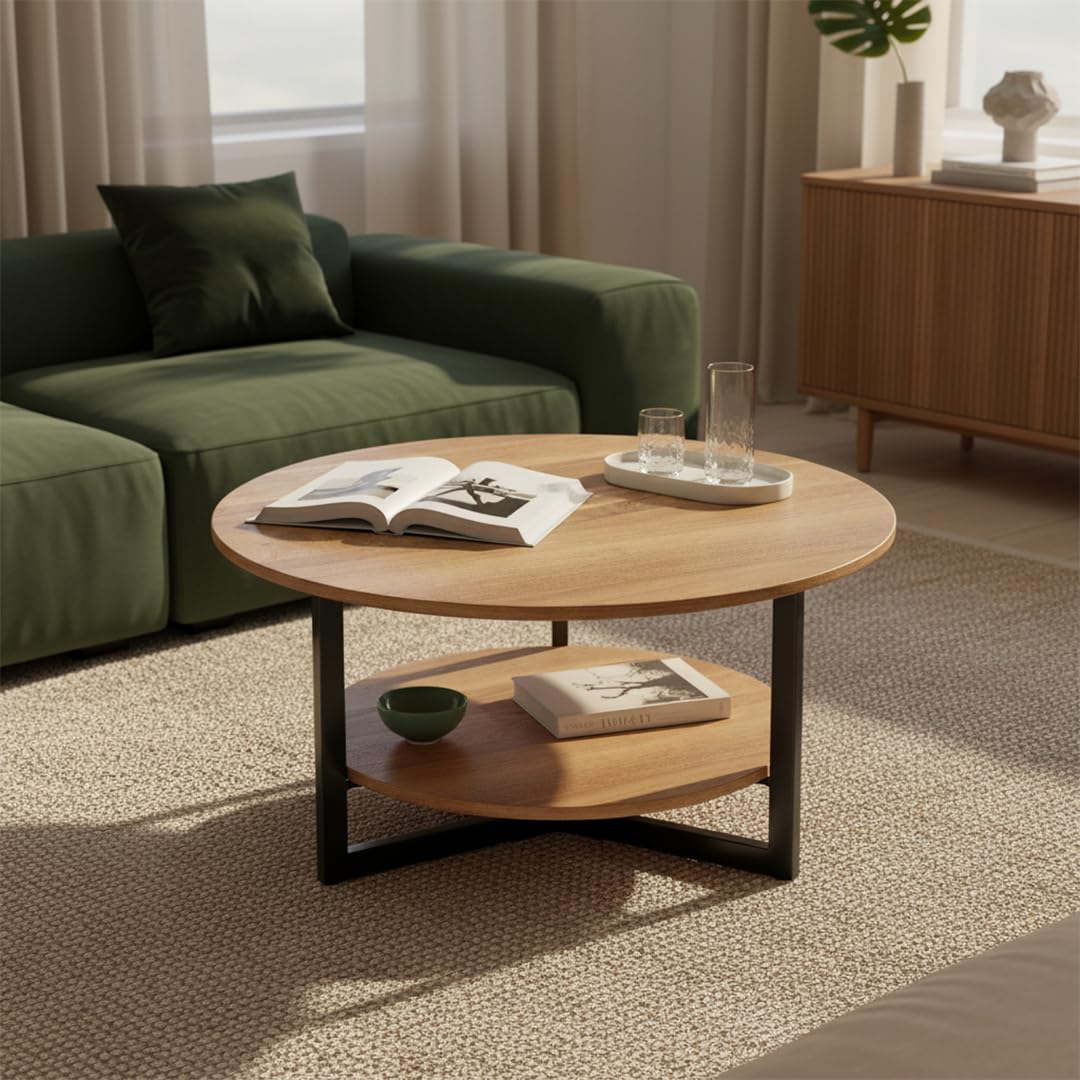 skølm Drakkar Couchtisch rund Ø70 cm – Wohnzimmertisch aus Massivholz Eiche & Metallgestell – Sofatisch mit 2 Ablagen – Kleiner Beistelltisch geölt – Holztisch Wohnzimmer mit Stauraum – Coffee Table