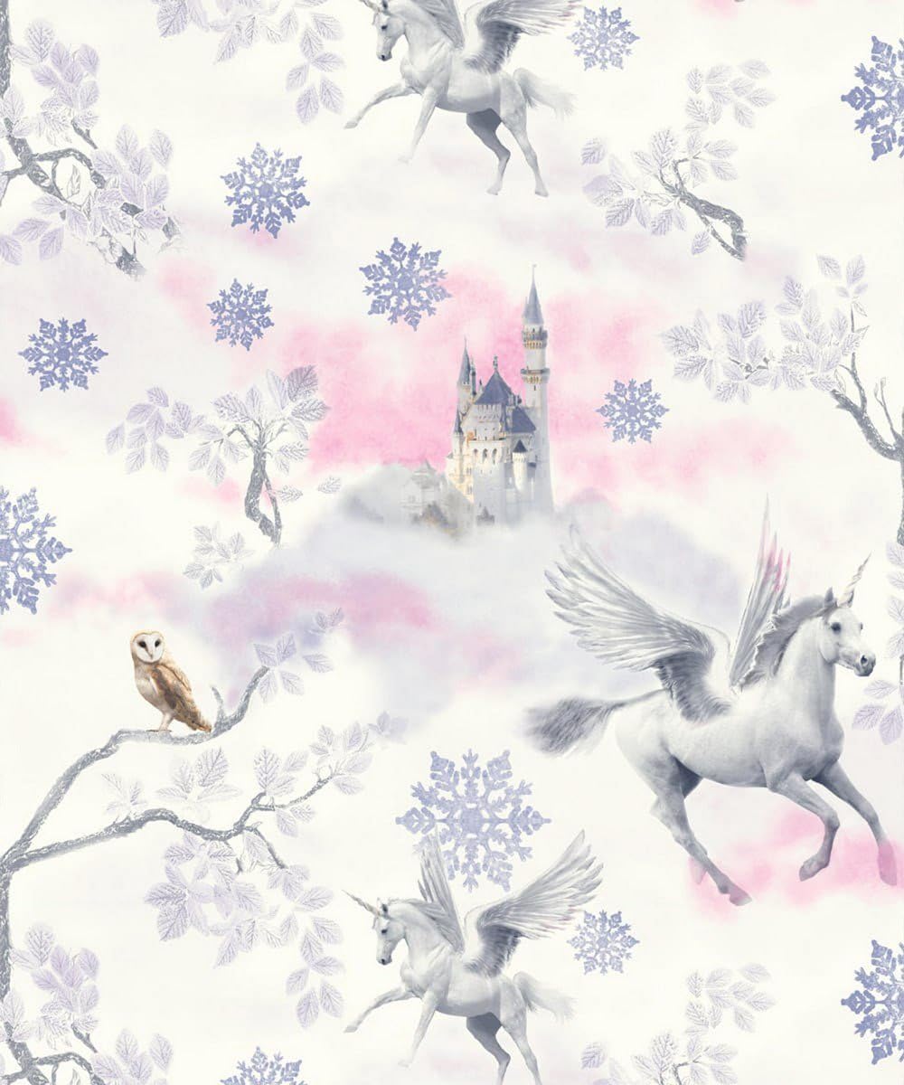 Arthouse Fairytale White & Pink Wallpaper - Magical World of Unicorns, Snowflakes, Castles & Enchanted Forests in Lilac with Pink Hints - Glitter Gel Detail to add Sparkle & Catch The Light - 667801