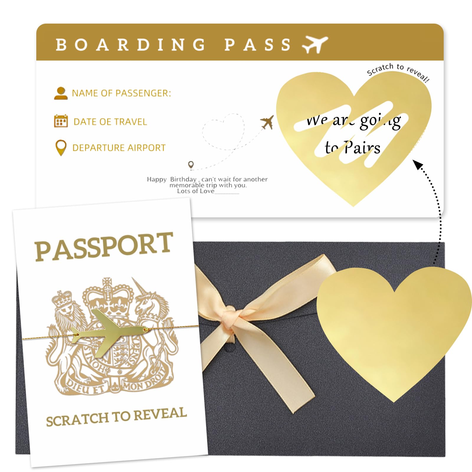 Personalised Holiday Scratch Card Reveal Kit – Surprise Boarding Pass Scratch Card, Passport Card & Gold Thread Envelope Set,Holiday Reveal Scratch Card Gift for Her, Him, Spouse, Family or Lover