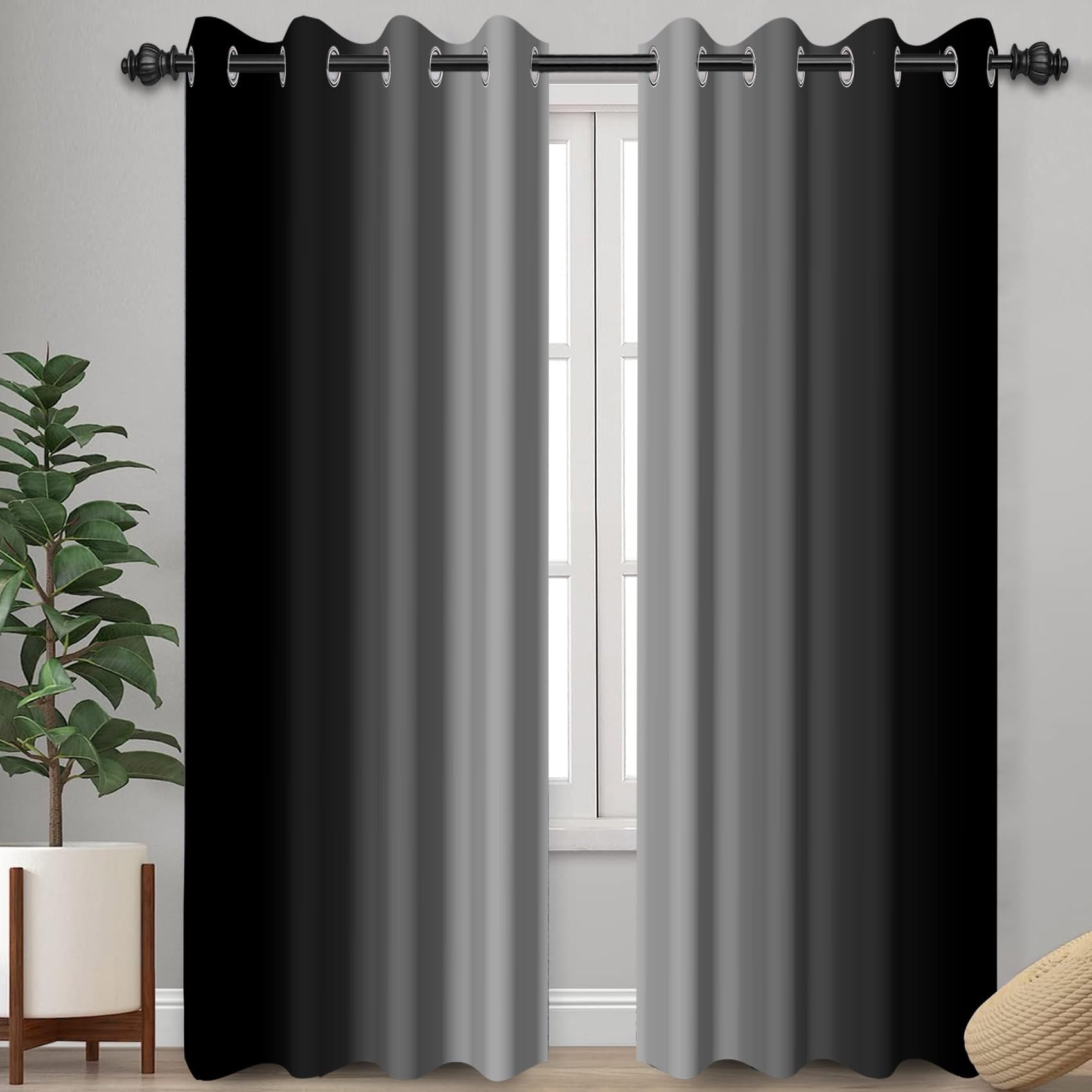 Ombre Verdunkelungsvorhänge für Wohn- und Schlafzimmer, 120 x 210 cm (B x H), moderner Abstrakter Farbverlauf, schwarz-grau, Blickdicht Vorhänge Thermovorhang Gardinen mit Ösen, 2er Set
