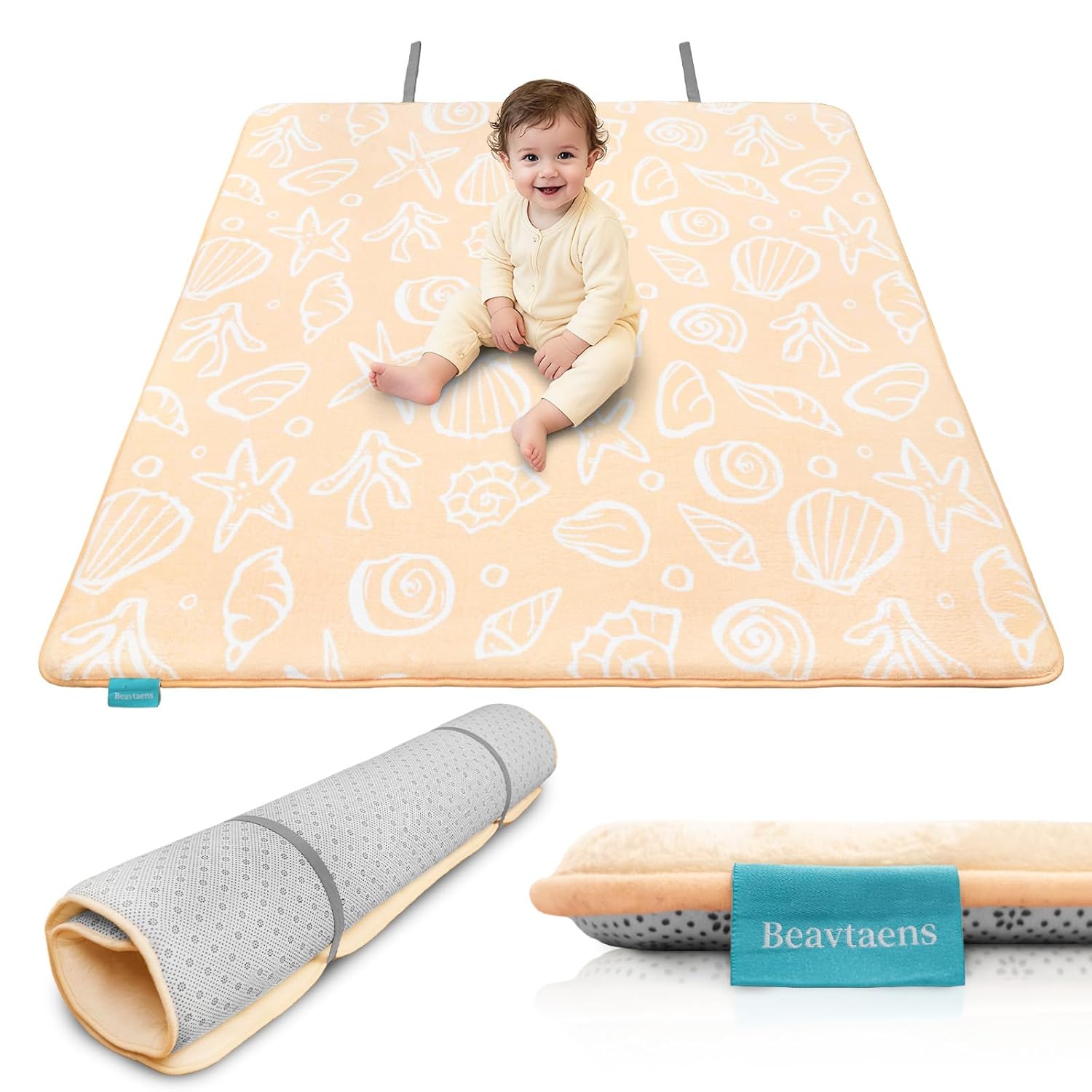 Thickened Baby Play Mat for Floor, 50x50 Foam Playpen Mat, Easy to Wipe Clean, Non-Slip Bottom Tummy Time Mat, Easy Storage Playmat, Super Soft Coral Velvet Nursery Rug, Perfect for Baby to Crawl - Beige Shell