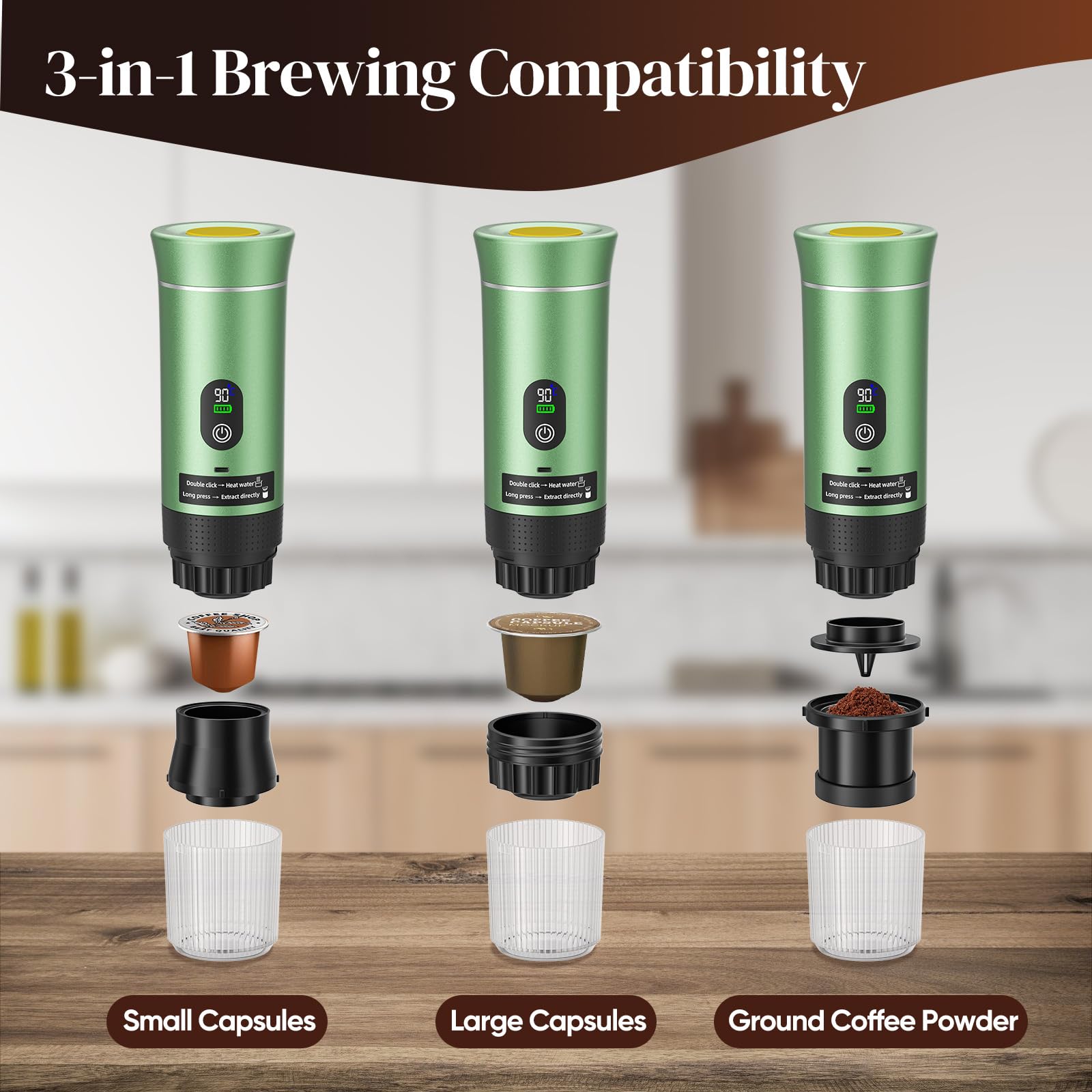 Macchina per caffè Espresso Portatile, Macchina per Caffè Elettrica 3 in 1, Caffettiera Portatile da Campeggio, Mini Autoriscaldante, Compatibile con Caffè Macinato e Capsule (Verde)