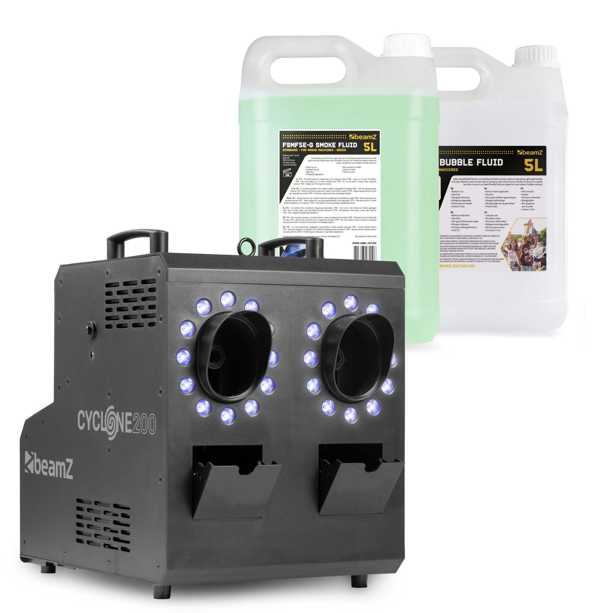 BeamZ Cyclone200 Seifenblasenmaschine mit Nebel & LED, inkl. 10L Flüssigkeit, Nebelmaschine mit 24 RGBW LEDs - Smoke Bubble Machine, DMX & Fernbedienung, Seifenblasen Maschine für Partys & Events