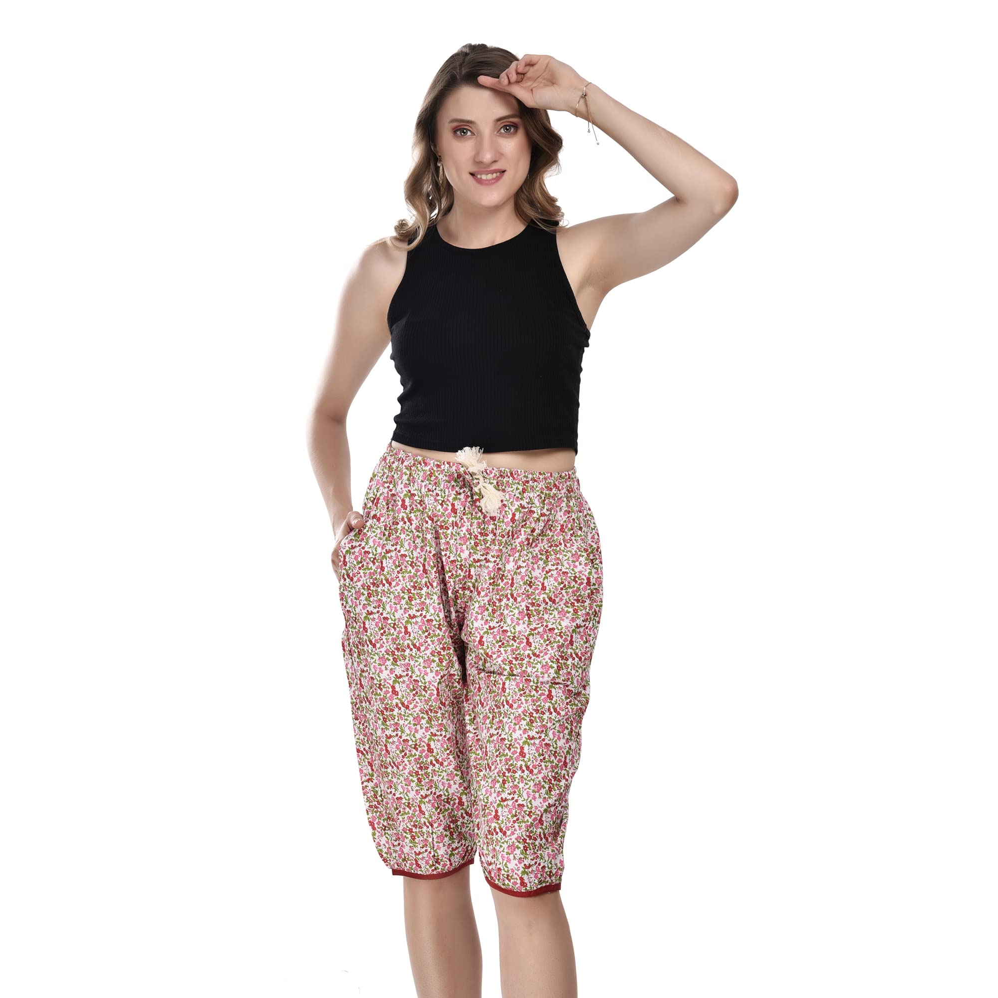 Women's Cotton Floral Printed Lounge Capri with Pockets-image-38