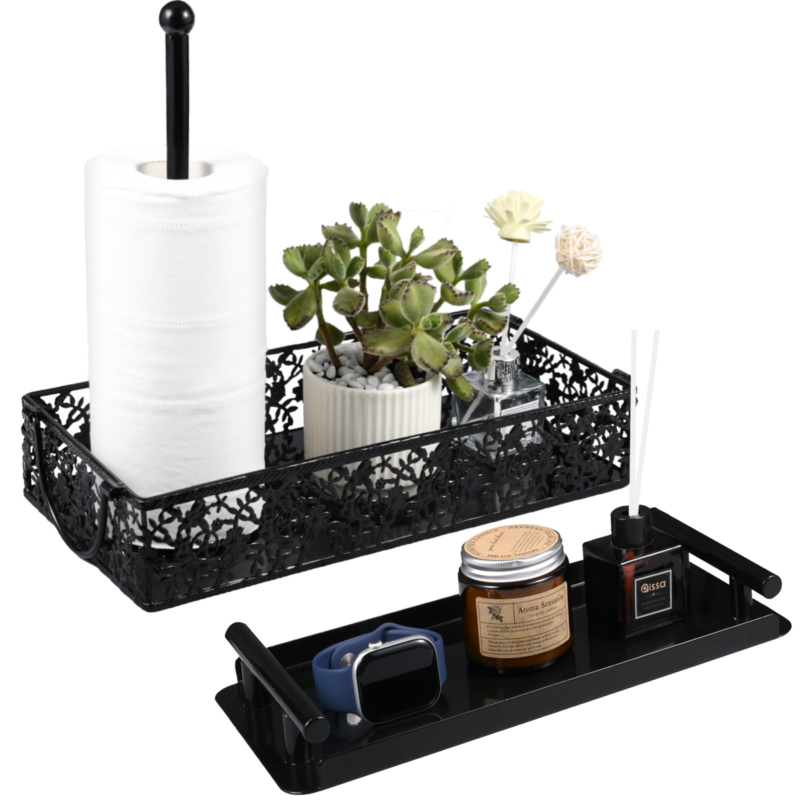 MPPMQQ Back of Toilet Paper Basket with Magnetic Set of 2 Basket for Back of Toilet with Handle, Paper Towel Holder Tank Tray Organizer for Restroom Bathroom Kitchen Counter Decorations