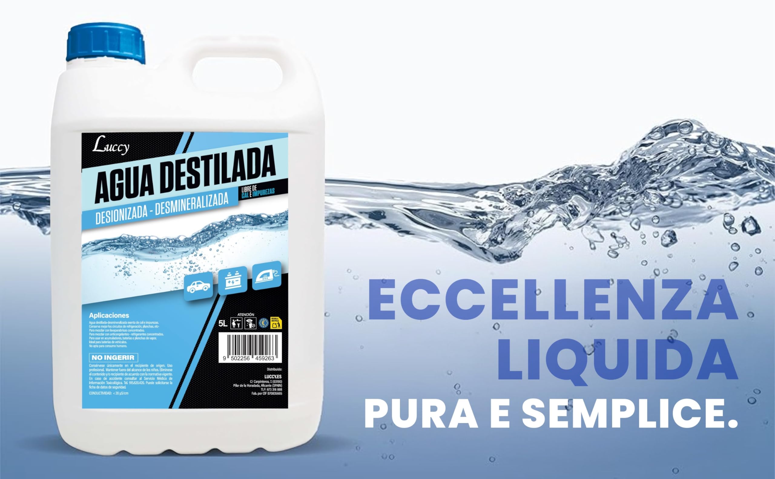 LUCCY Acqua Distillata Demineralizzata Deionizzata 5 Litri | 100% Acqua Pura | CPap, Umidificatore, Ferro, Motori, Pulizia, Laboratori, Piante