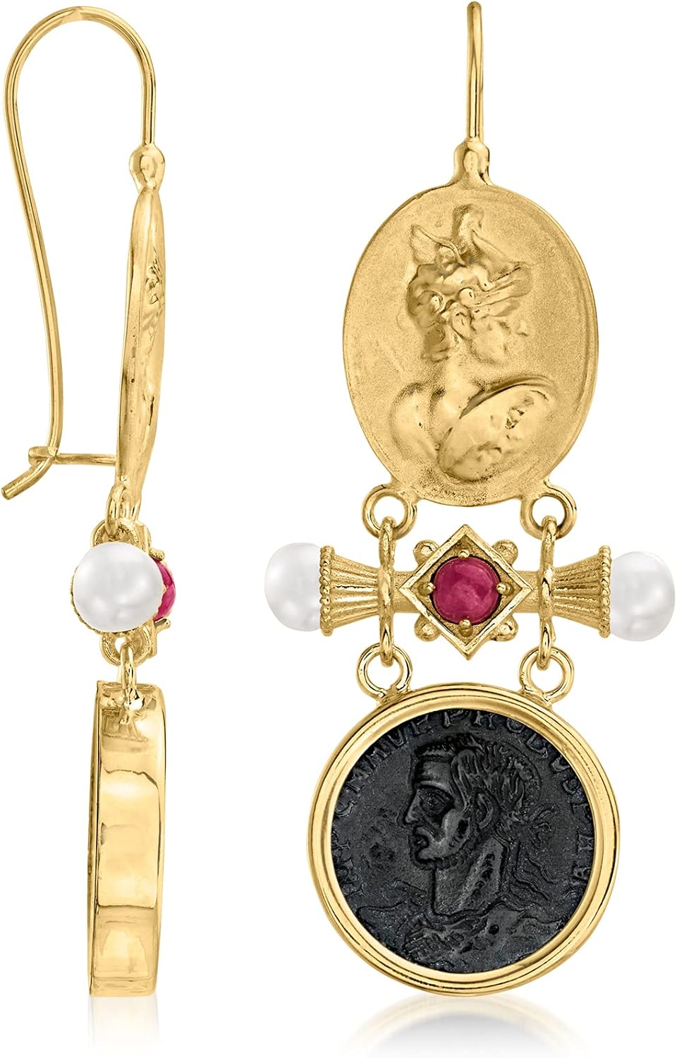Ross-Simons Italian Tagliamonte Black Onyx and .60 ct. t.w. Ruby Drop Earrings With Cultured Pearls in 18kt Gold Over Sterling
