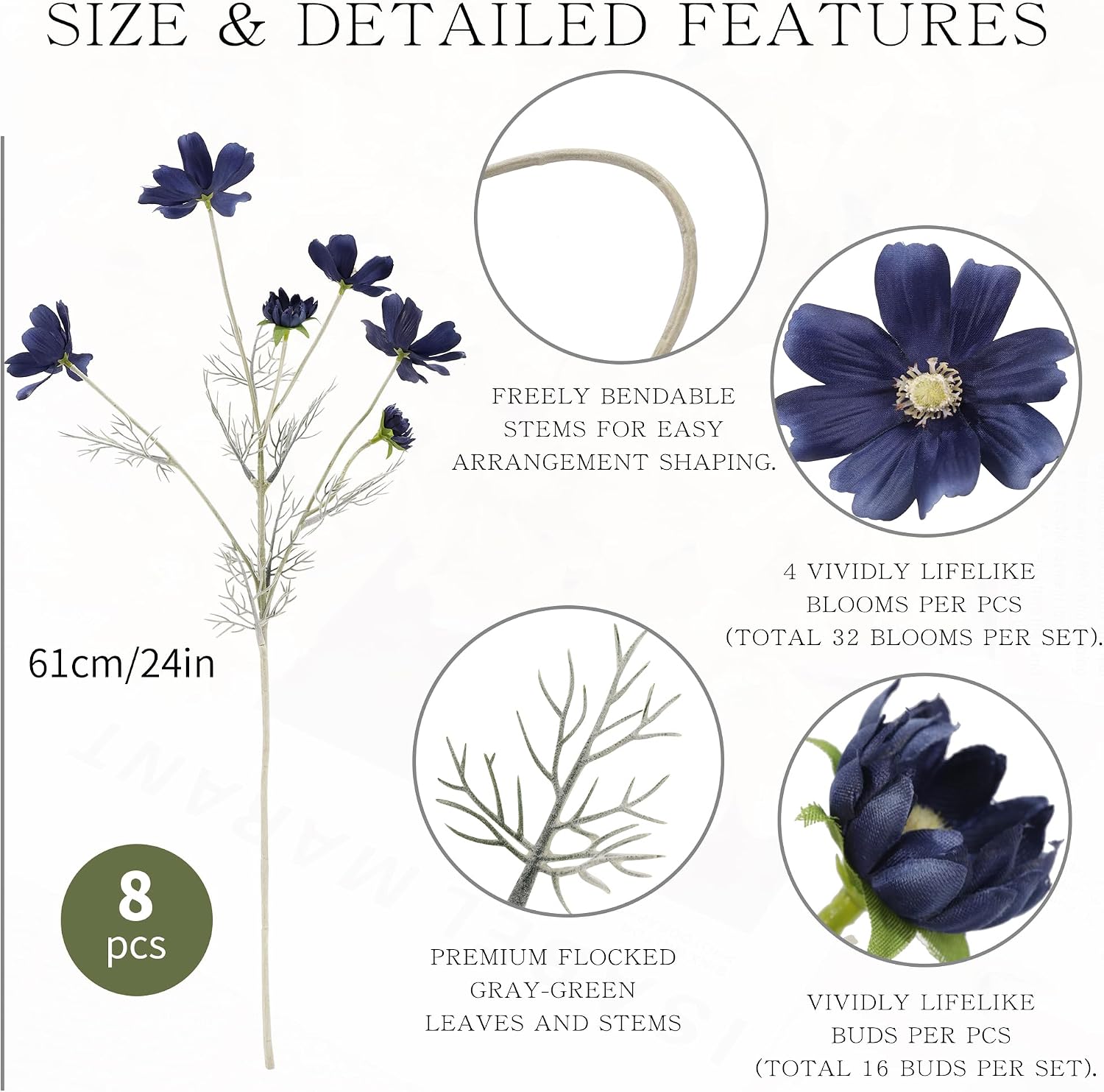 LFF 48 Blooms Navy Blue Flowers Artificial Silk Cosmos, 8Pcs Faux Cosmos Flowers, 24" Flocked Stems Fake Flowers Arrangements for Home Party Decor Wedding Bouquets Table Centerpieces