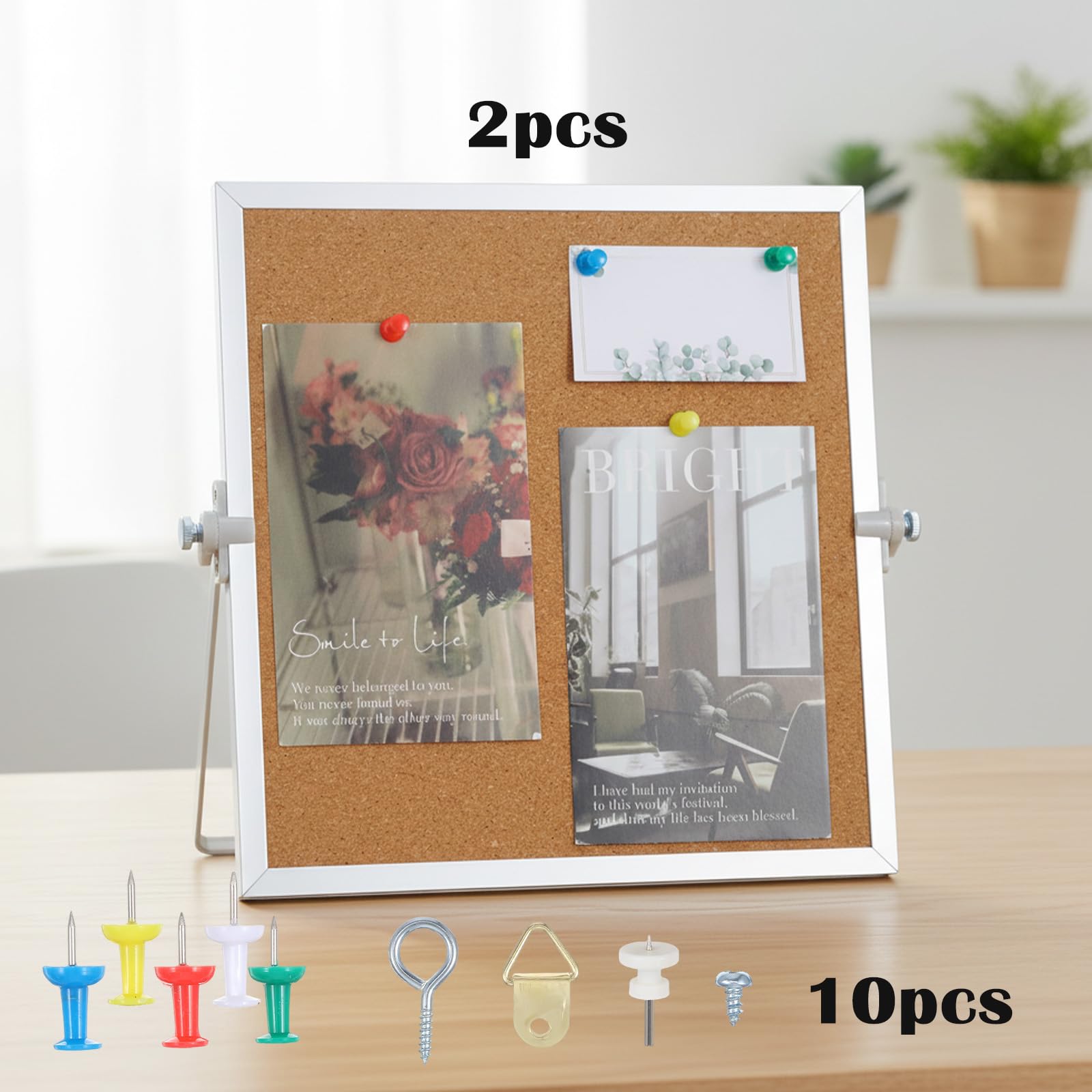 Korktafel, 2 Stück, 24,9 x 24,8 cm, doppelseitige Pinnwand, kleine Korktafeln mit Ständer für den Schreibtisch, geeignet mit 10 Pinnnadeln für Zuhause, Büro, Schreibtische, Nachrichts- oder