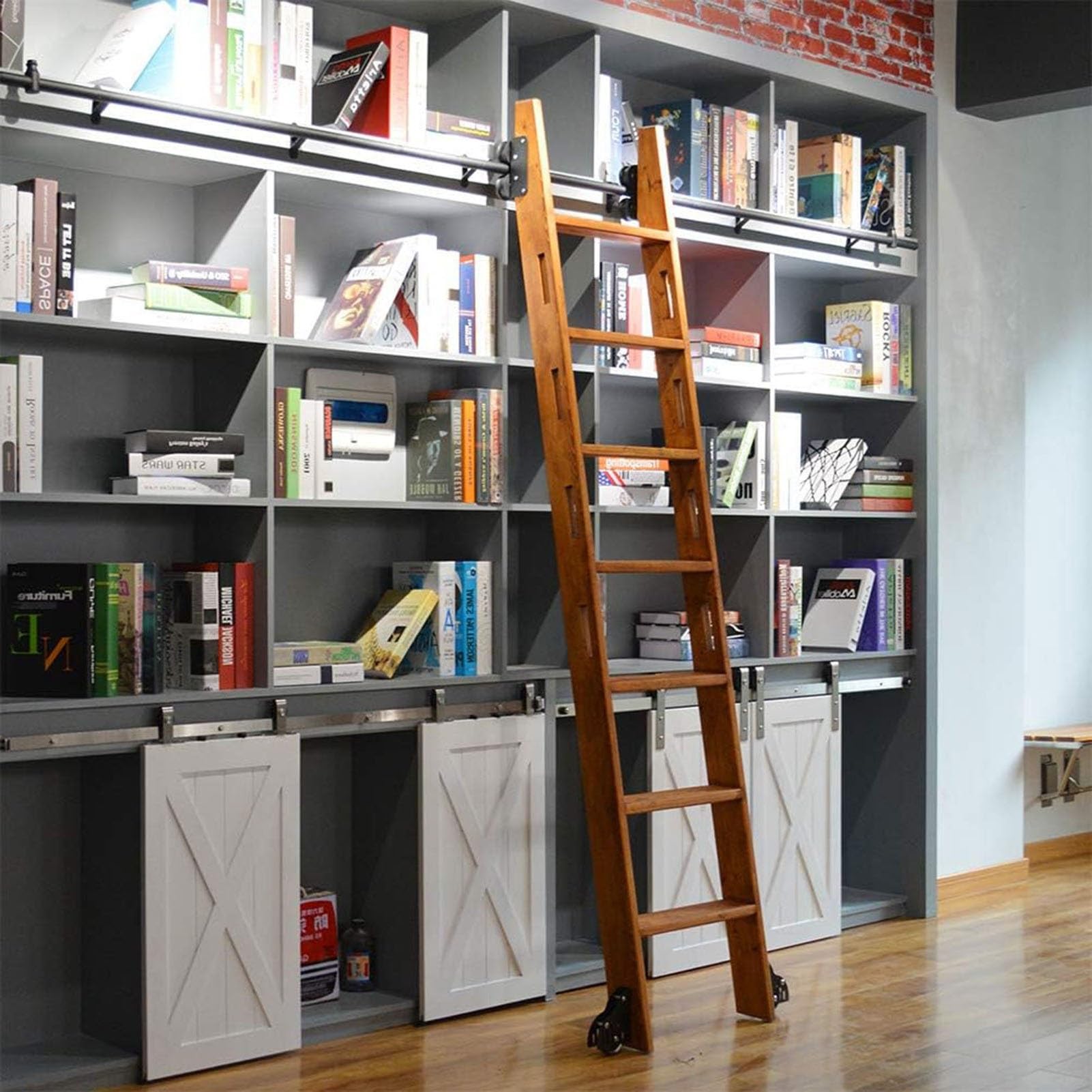 Échelle de bibliothèque coulissante avec roulettes au sol et frein kit noir