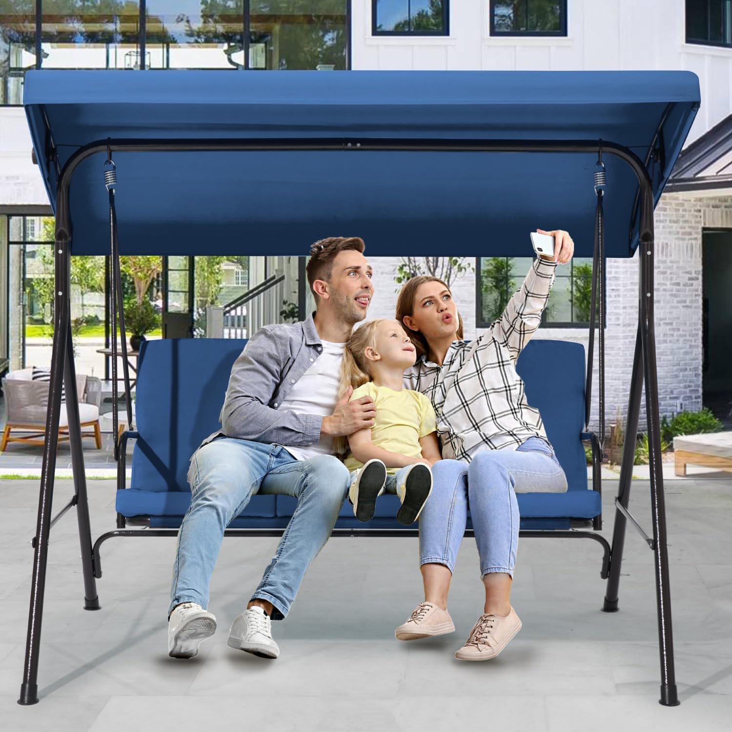 2 Seat Patio Swing, Outdoor Swing with Removable Cushions, Adjustable Canopy for Backyard, Porch, Garden,Fabric Seat,(Blue)