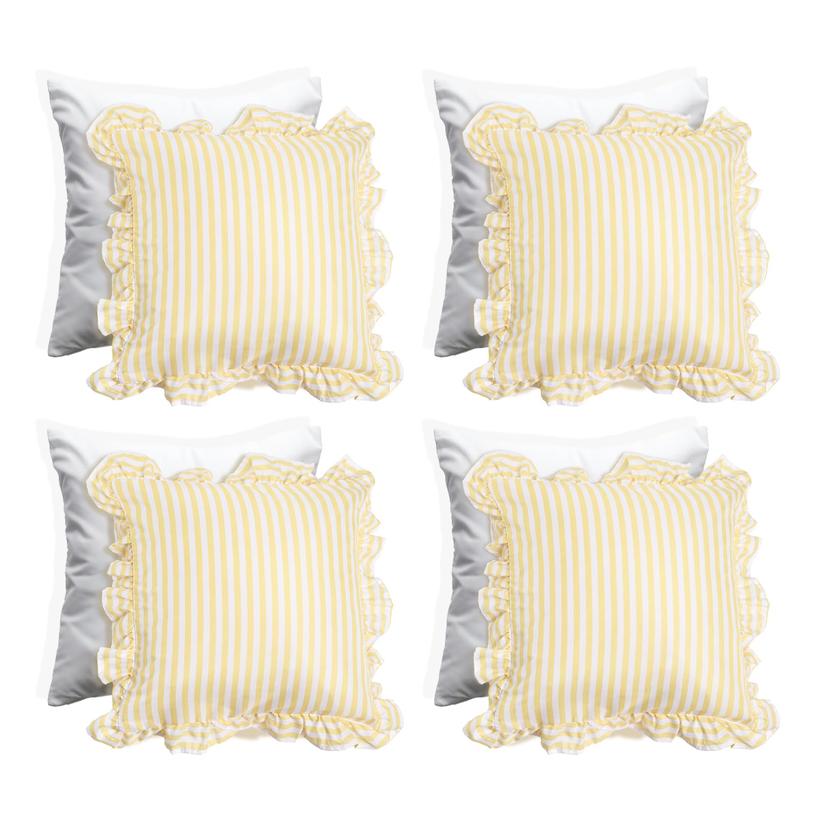 Ohs Women's Lemon - Stripe Filled Cushions With Covers 45 X 45Cm Set Of 4 Stripe, Soft Comfy Frill Edge Throw Pillow Covers With Invisible Zipper Sofa Cushions For Bedroom Living Room, Lemon