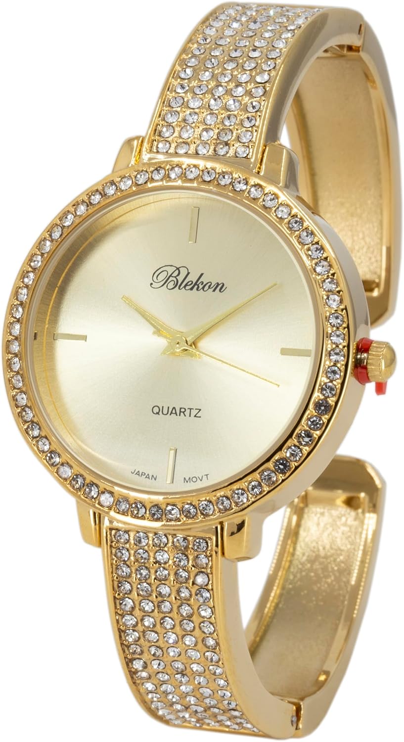 Blekon Collections Women's Fashion Watch - 32mm Rhinestone Bezel & Semi Cuff Bangle - A Stylish Timepiece Infused with Radiant Elegance, Perfect for Effortless Fashion and Glamorous Sophistication.