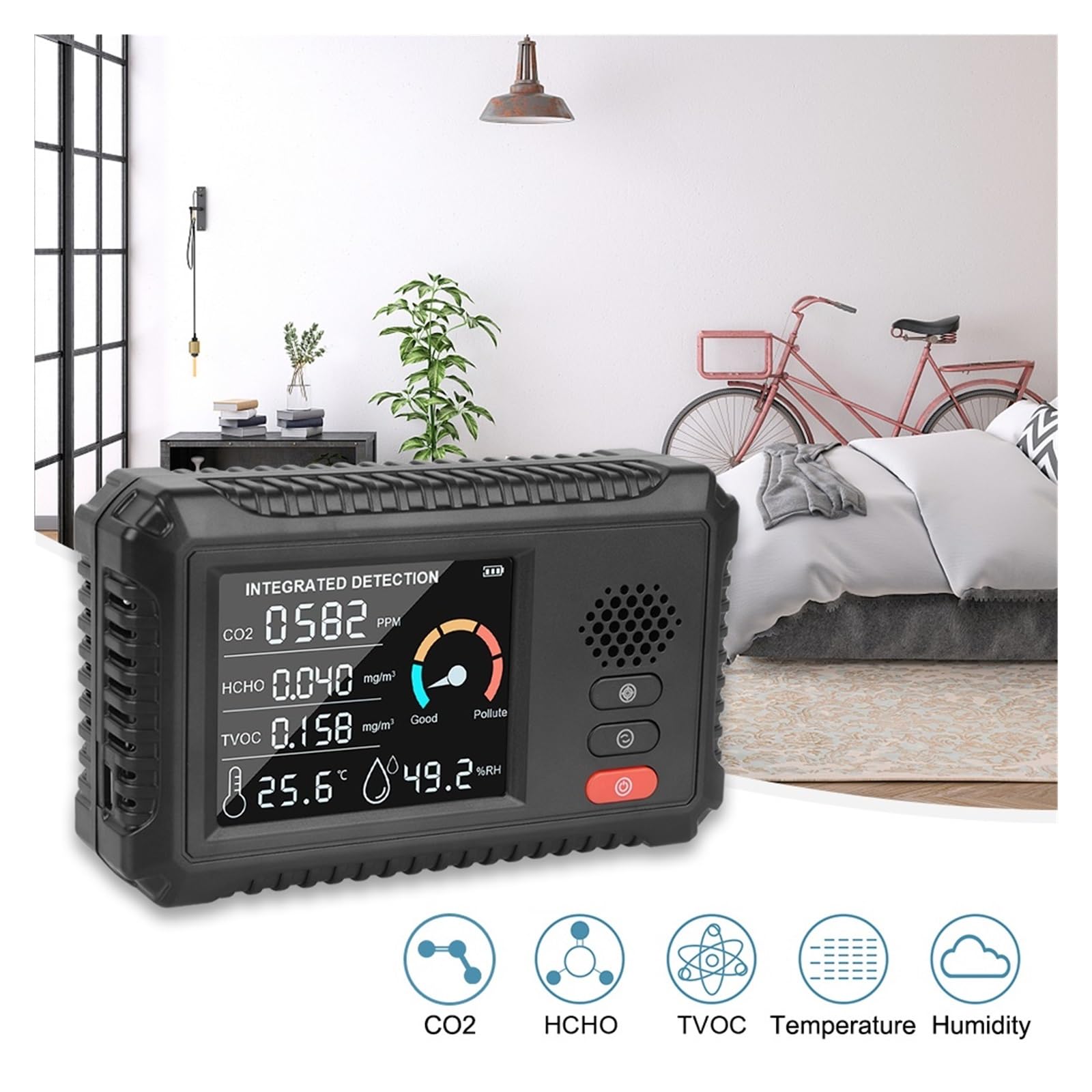 TVOC HCHO Rilevatore di gas CO2 Sensore anidride carbonica Tester dell'aria Monitor della qualità Analizzatore Home Office Outdoor Multifunzionale Per cucina e camper