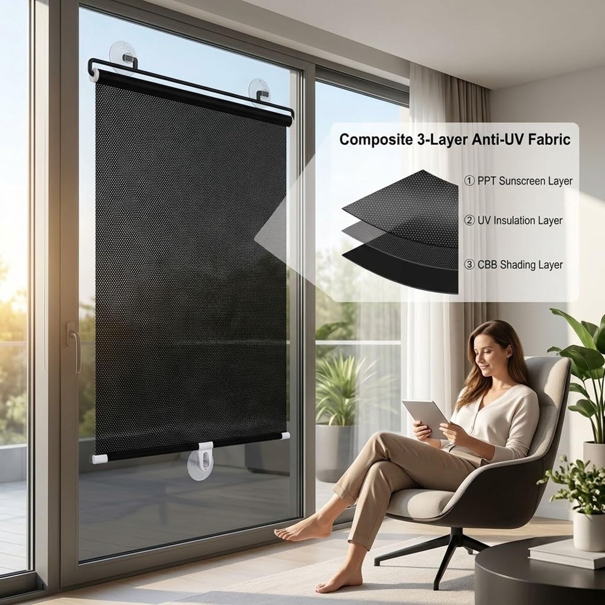 Tende Oscurante con Ventose, Tapparella Senza Foro per Interno, Tende a Rullo Parasole Protezione Solare Termica Retrattile Portatile per Finestre Casa Auto Ufficio, Nera(28"Wx54"H)