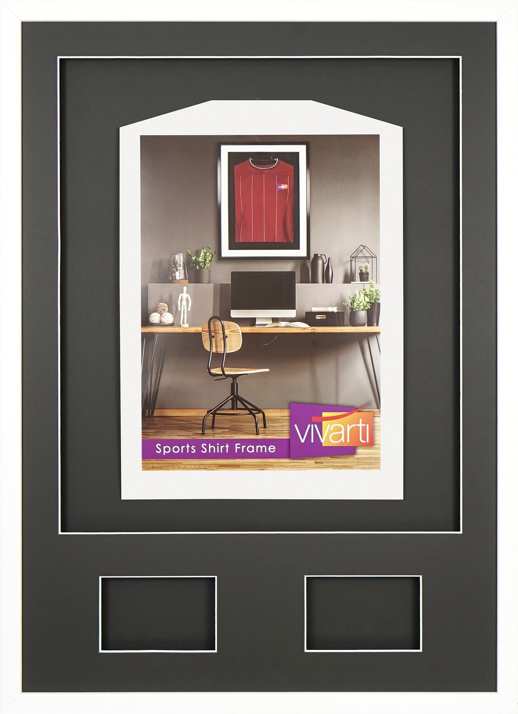 Vivarti DIY Junior 3D montado + doble apertura camisa deportiva marco A1 59,4 x 84 cm – marco blanco brillante, soporte negro, tarjeta trasera negra