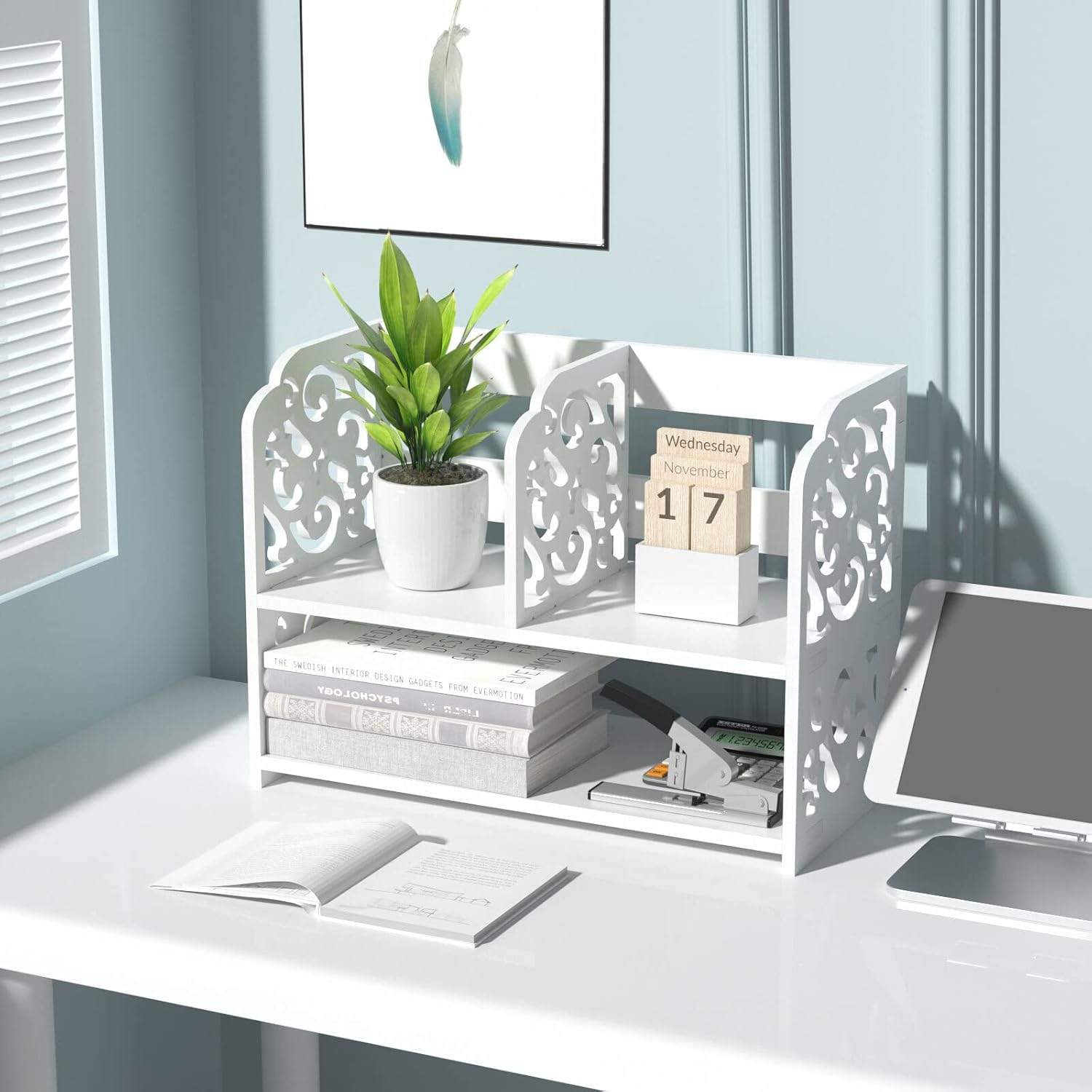 TY ARTS & CULTURE Desktop Organizer, Hollow Pattern Vintage Desk Storage Rack for Women Men and Kids, White Desktop Shelf Organizer for Home Office Desk Furniture