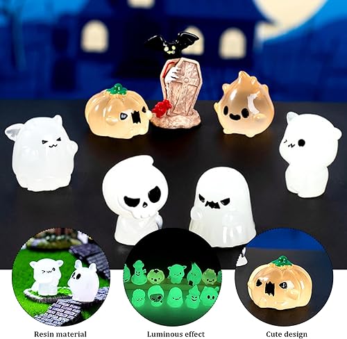 Miniatura 3 de Decoraciones de Halloween en miniatura, 18 piezas de accesorios de pueblo miniatura, calabaza, momia, conejo, fantasma, resina, que brilla en la