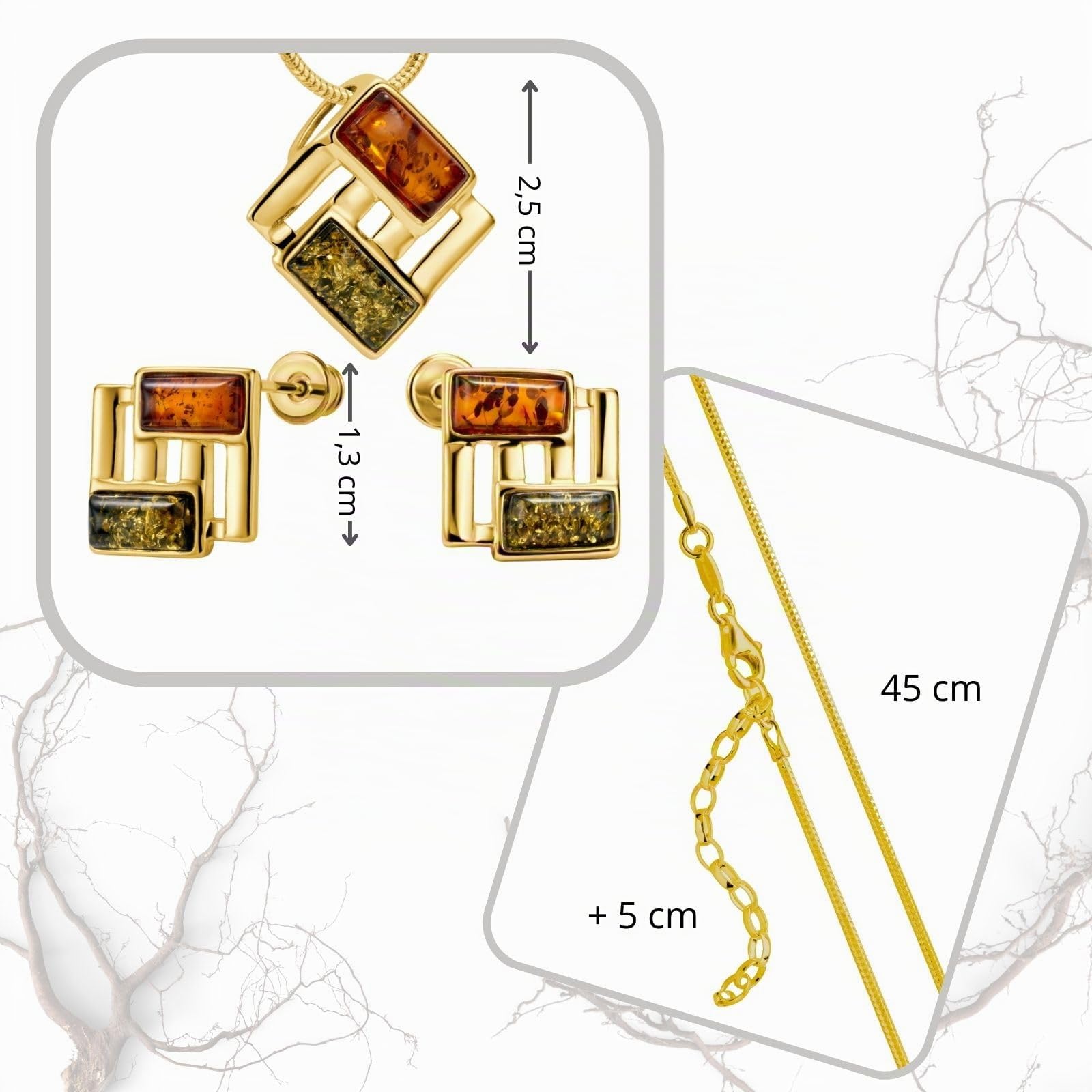 Copal Damen Bernstein Schmuckset Silber 925 Goldplattiert Mit Bunt Anhänger