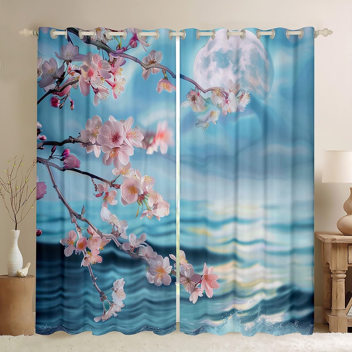 Homemissing Cherry Blossom 30%-50% Blackout Curtains Pink Cherry Darkening Drapes for Bedroom for Boys Girls Plum Blossom Window Curtains Ocean Blue Living Room Window Treatments (2 Panels,W66*L72)