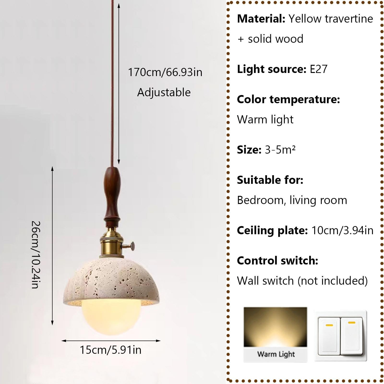 Lampada a sospensione a cupola in travertino con paralume in vetro