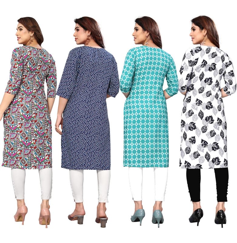 Image of JAKHANA Women's Crepe Printed Casual Straight Calf Length Round Nick Kurta Pack of 4