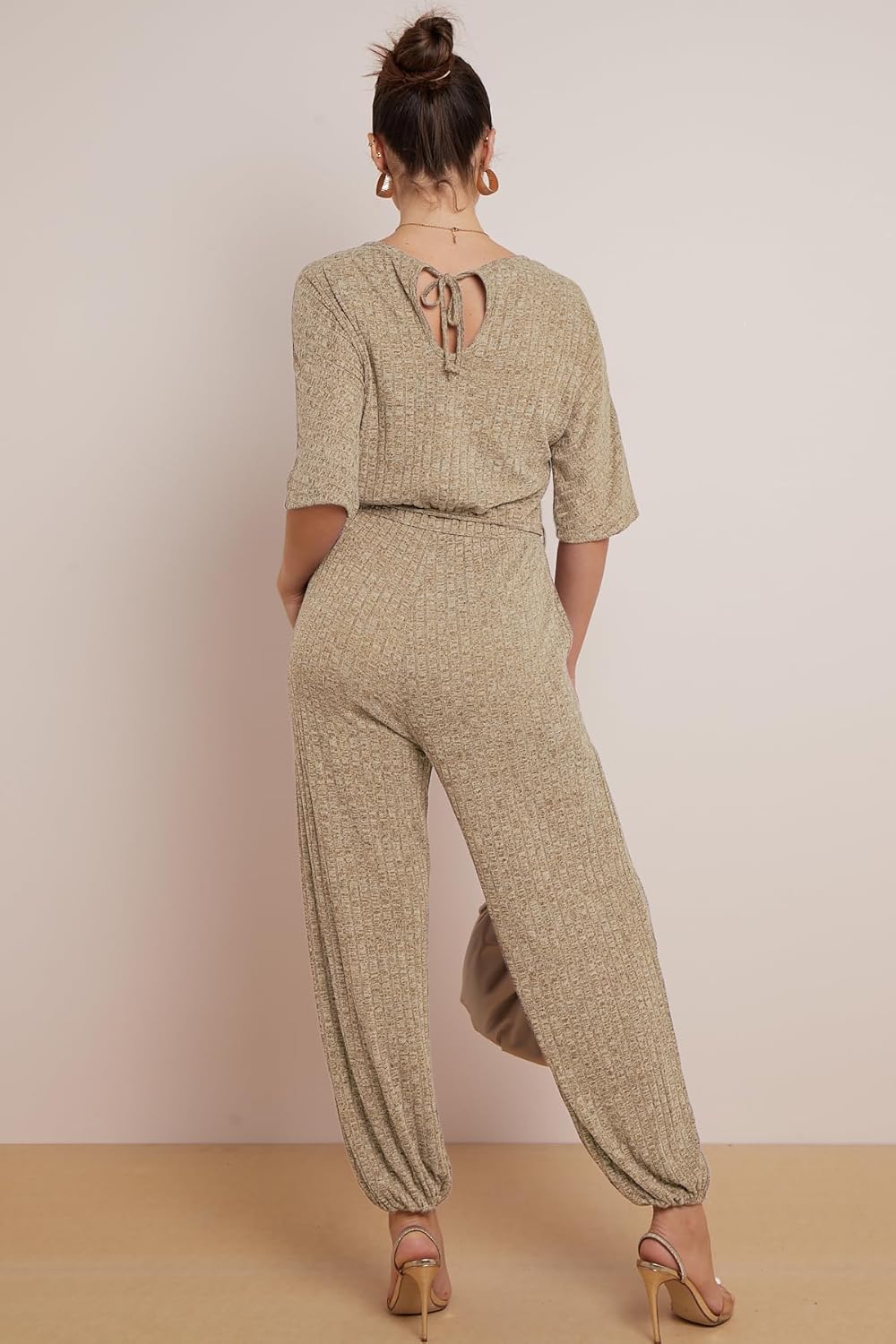 Women's Jumpsuits Casual Elbow Sleeve V Neck Elastic Waist Long Rompers with Pockets - Image 3