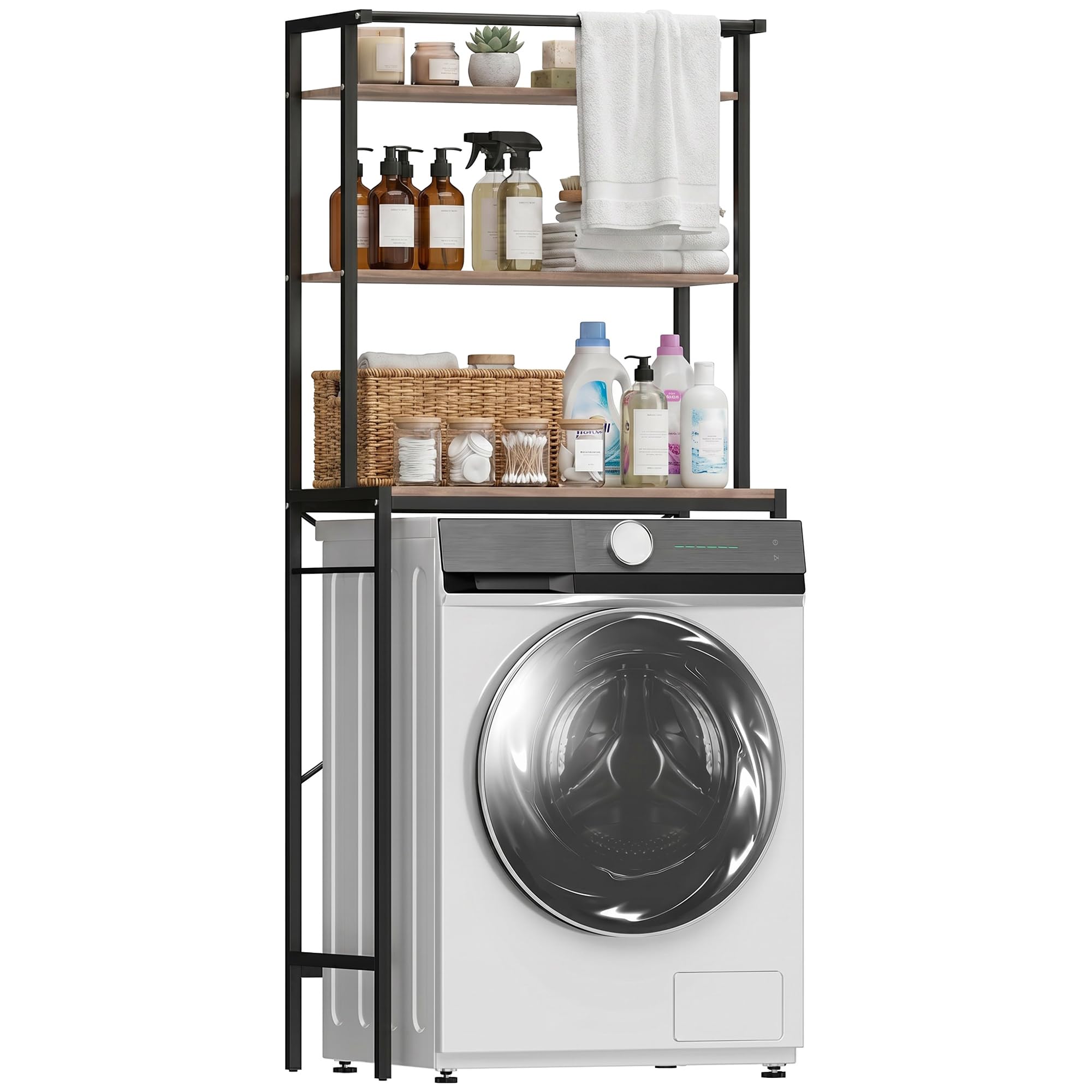 HOMCOM Mobile Sopra Lavatrice Coprilavatrice 67x40x161.8cm Marrone/Nero | Ripiani, Barra Appendiabiti, Scaffale Coprilavatrice Asciugatrice, Bagno e Lavanderia