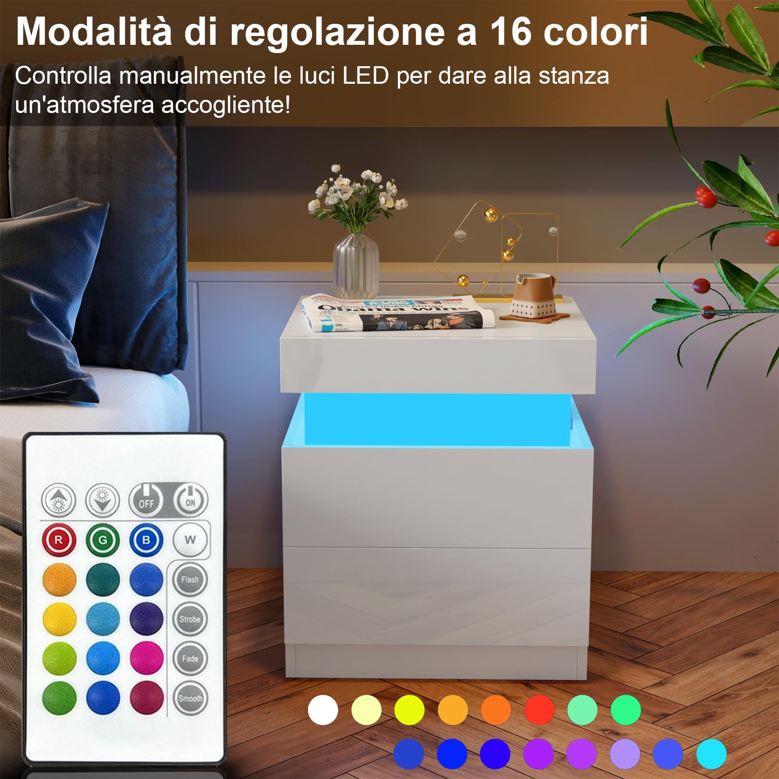 Comodino Camera da Letto con LED, Con Stazione di Ricarica, 2 Cassetti e Armadietti Scorrevoli Nascosti, Comodino Moderno, Per Arredamento Camera da Letto. (Bianco, 45x40x52cm)