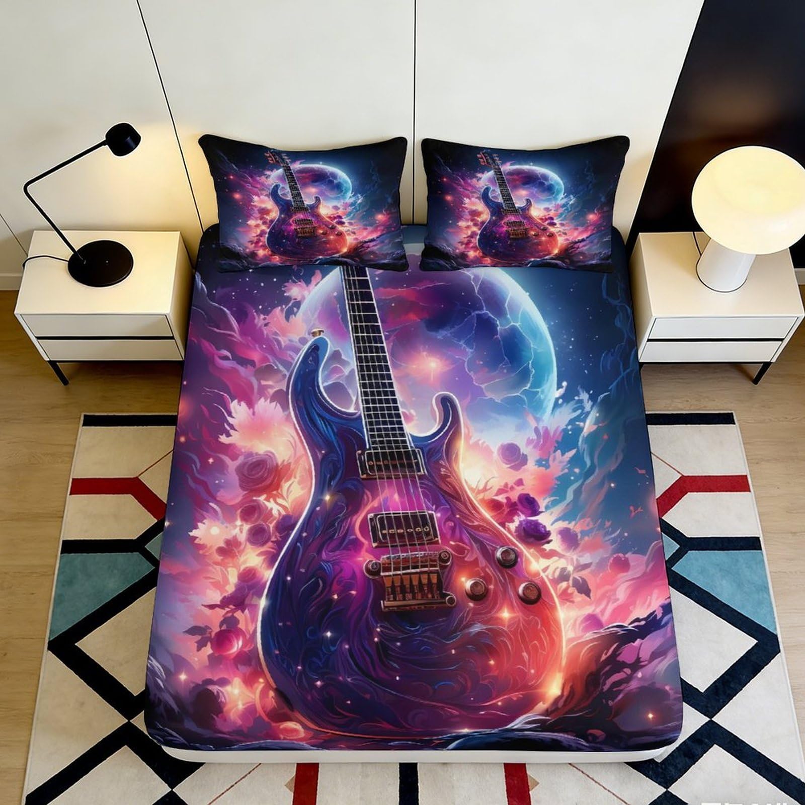 3D Printed Electric Guitar Galaxy Fitted Sheet Microfiber Bedroom Decor Nebula Mattress Cover for Home Dorm 120x200x25cm