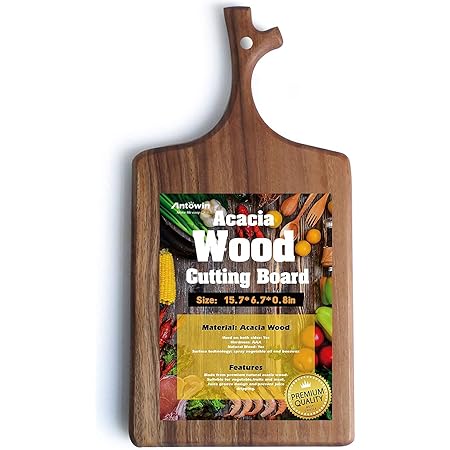ANTOWIN Wooden Cutting Board with Handle,Acacia Wooden Kitchen Chopping Boards for Meat, Cheese, Bread, 16 x 8 Inch