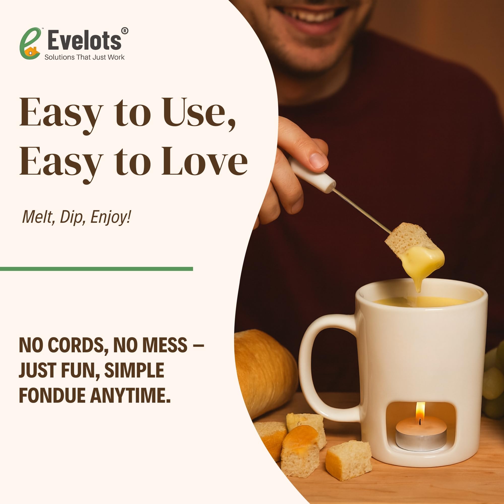 Evelots Fondue Pot Set for Chocolate, Cheese & Candy (2 Pack) – Mini Ceramic Fondue Mugs Gift Set with 8 Forks & 16 Candles – Perfect for Date Night, Birthday & Wedding Gifts – White - 4