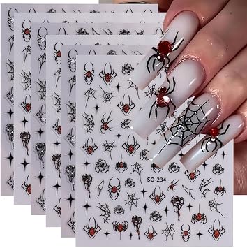 Halloween Spider Web Nail Stickers - 6PCS Red, Silver Glitter Spider Web Design 3D Self-Adhesive Decals